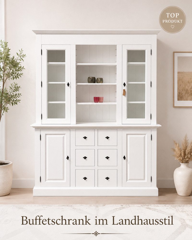 Wohnpalast Buffet Landhaus Schrank Massivholz Vitrinenschrank im Landhaus Stil Farbe wei