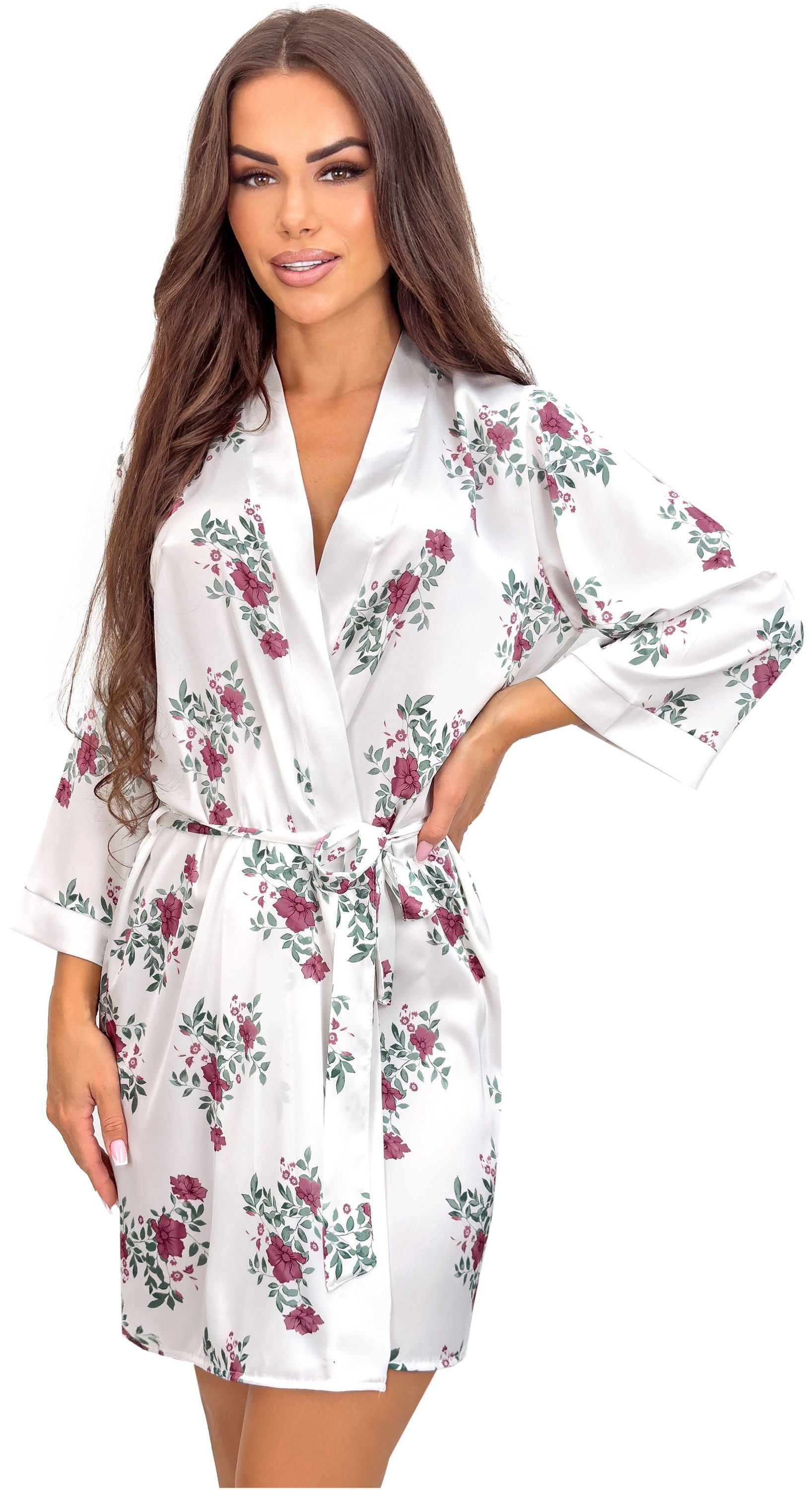 Donna Damenbademantel Julia, kurz, Polyester, Gürtel, Damen Morgenmantel Satin Bademantel Kimono 3/4 Arm Blumen ca.95cm
