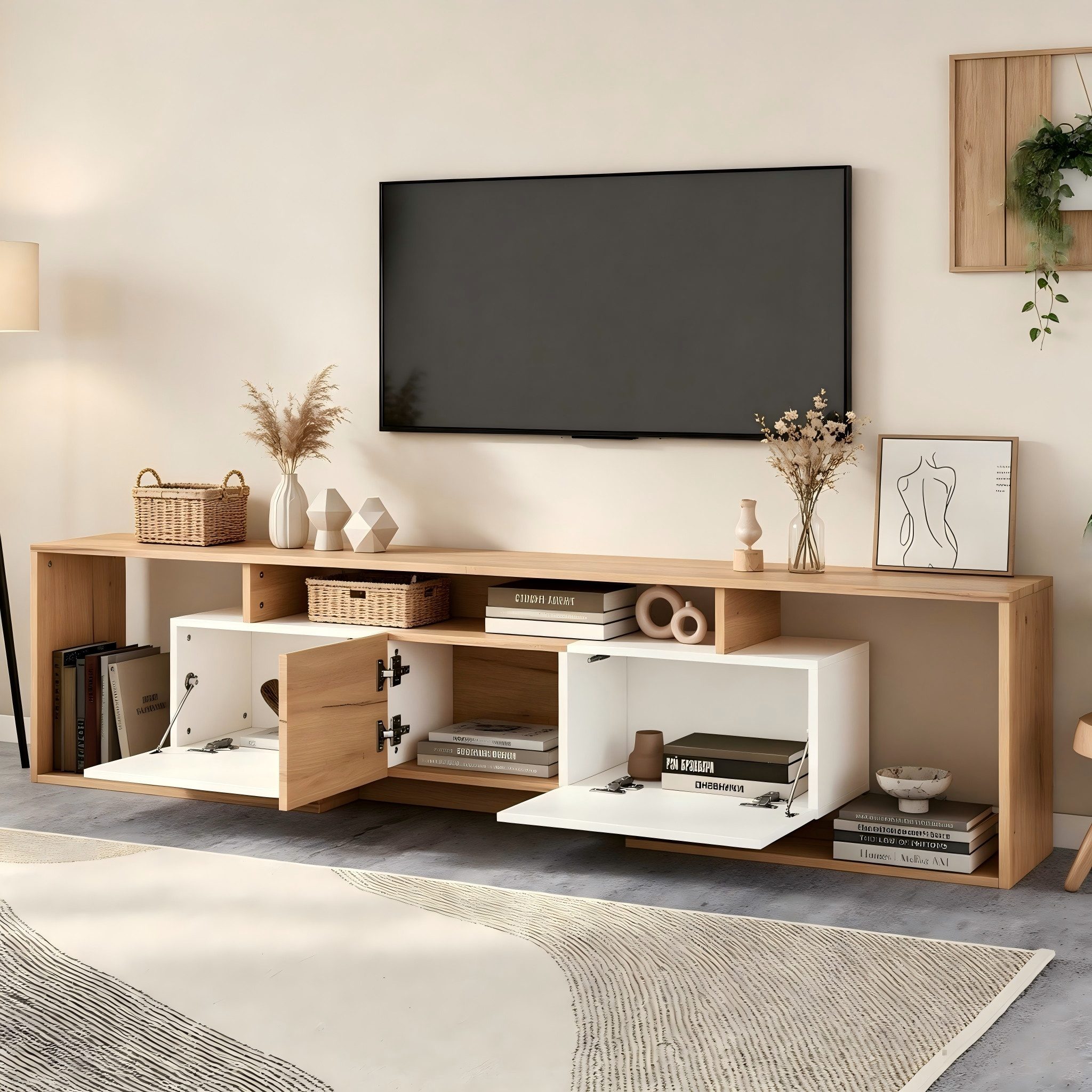 Merax Lowboard in Weiß & Naturholz, Push-to-Open, Fernsehschrank für TVs bis 85 Zoll (180 x 30 x 49 cm (L x B x H), 1 St), Fernsehschrank TV-Schrank mit 2 Klapptüren,1 Drehtür,3 offenen Fächern