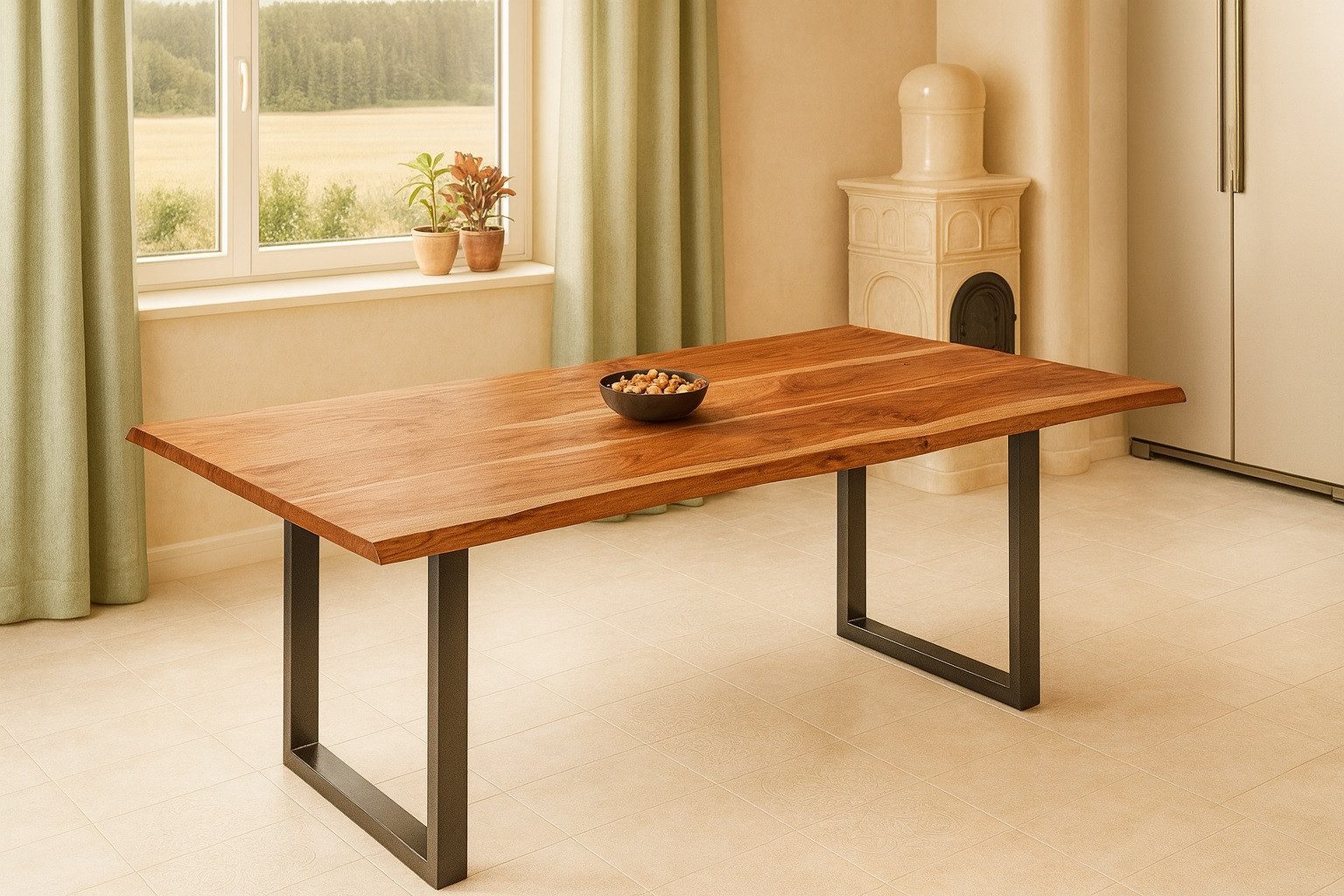 SAM® Baumkantentisch Memphis, massives Akazienholz, natürliche Baumkante, Metallgestell U-Form