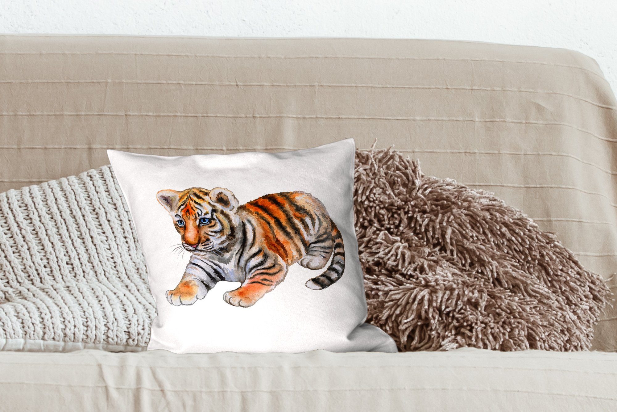 MuchoWow Dekokissen Tiger - Füllung - Wohzimmer, Zierkissen Orange, Deko, Sofakissen für Schlafzimmer, mit Baby