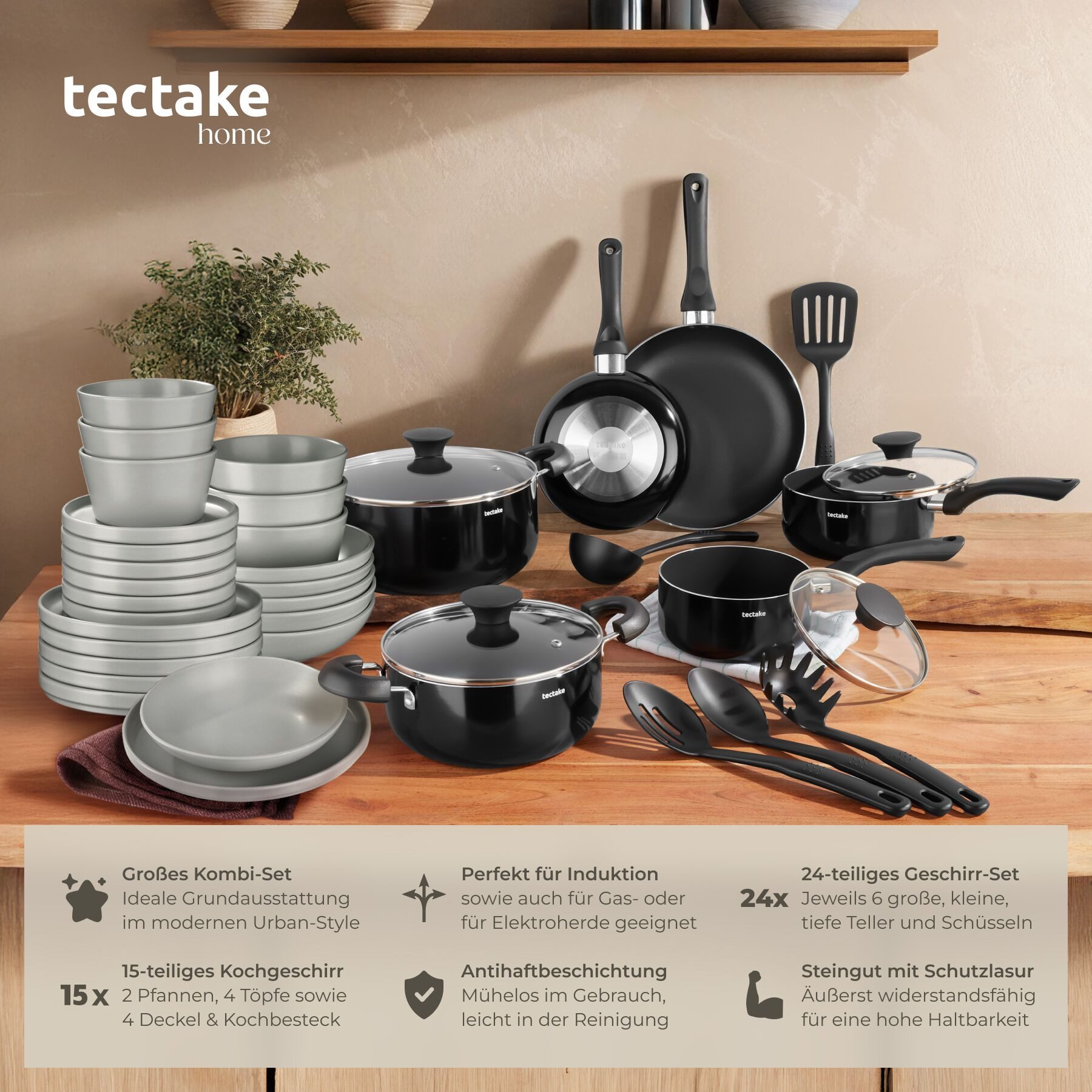 tectake Kochbesteck-Set Küchenstarterset aus Steingut, Inkl. 5 Küchenwerkzeugen (Geschirrset Una/Varese, 39-tlg., Kochtopf), Spülmaschinengeeignet, zur Pflege empfehlen wir Handwäsche