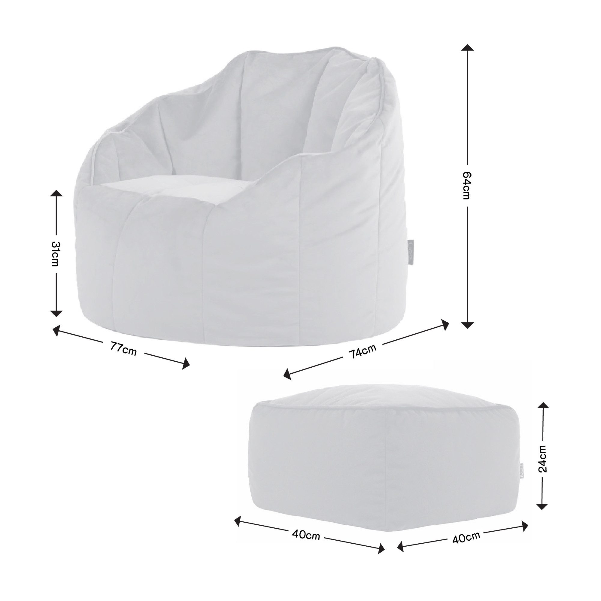 icon Sitzsack Sessel aus Samt „Sirena“ mit Hocker (Spar-Set, 1 x Sitzsack, 1 x Fußhocker), Sitzsack XXL, Made in Germany, für Erwachsene & Kinder