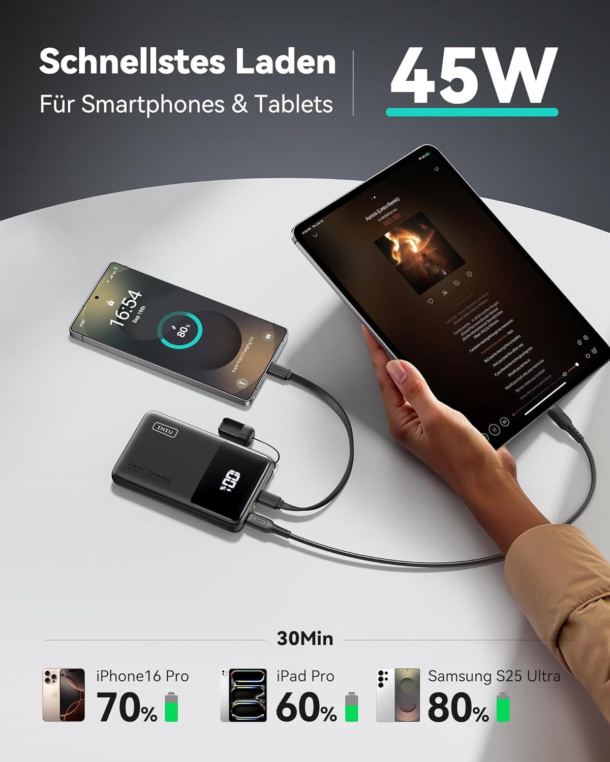 INIU Fast Charger 3in1 Mini Powerbank Geeignet für iPhone, Samsung, AirPods, Tablets 10000 mAh, 45W Schnellladefunktion, Kompakt & Reisegeeignet