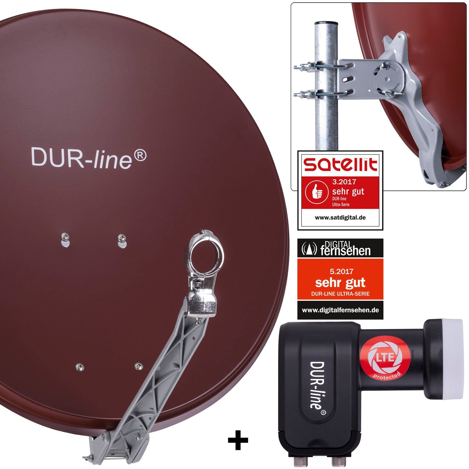 DUR-line DUR-line 2 Teilnehmer Set - Qualitäts-Alu-Satelliten-Komplettanlage - Sat-Spiegel
