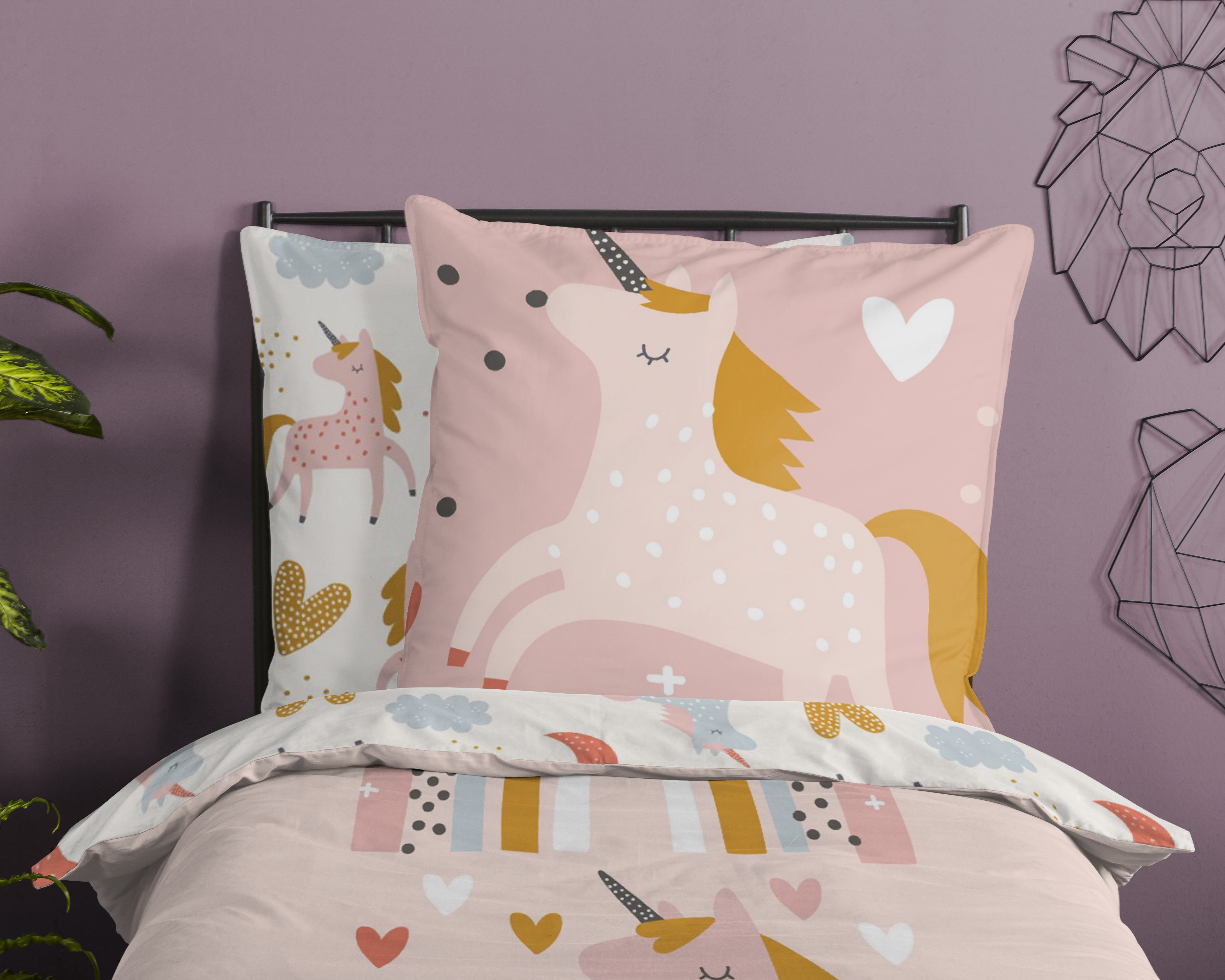 good morning Kinderbettwäsche Unilove, Renforcé, 2 teilig, Baumwolle, 135x200, Reißverschluss, Wende, Kind Mädchen, Einhorn, Rosa
