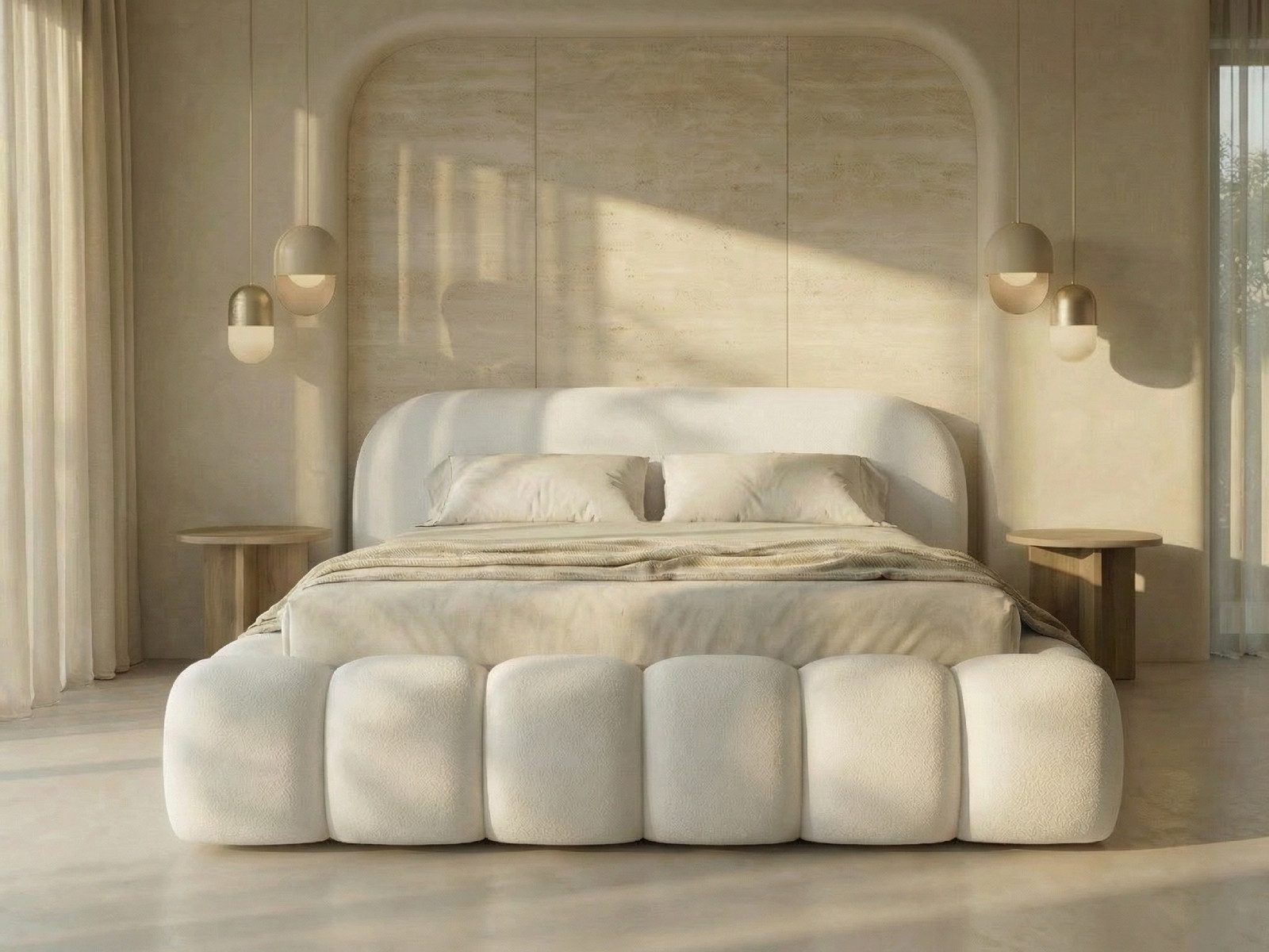 yourhouse24 Polsterbett Orlando Slim Bouclé kompaktes Wolkenbett mit Bettkasten, Bubble-Optik & Japandi
