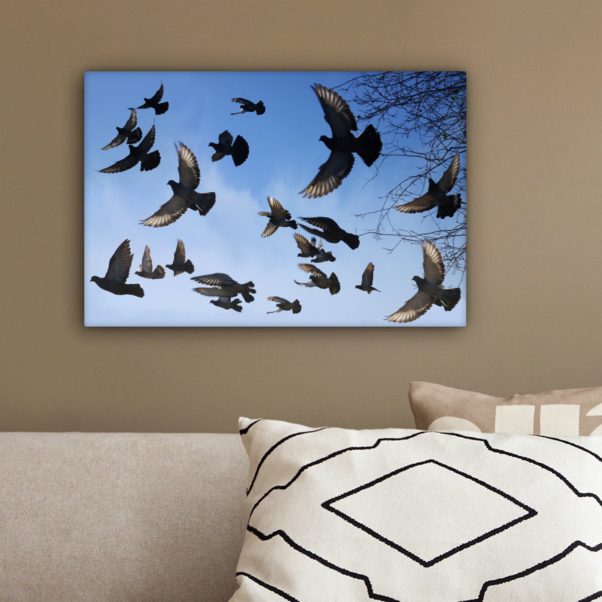 Wandbild - Himmel, (1 Aufhängefertig, St), 30x20 Tauben Leinwandbild - Wanddeko, OneMillionCanvasses® Leinwandbilder, Blau cm