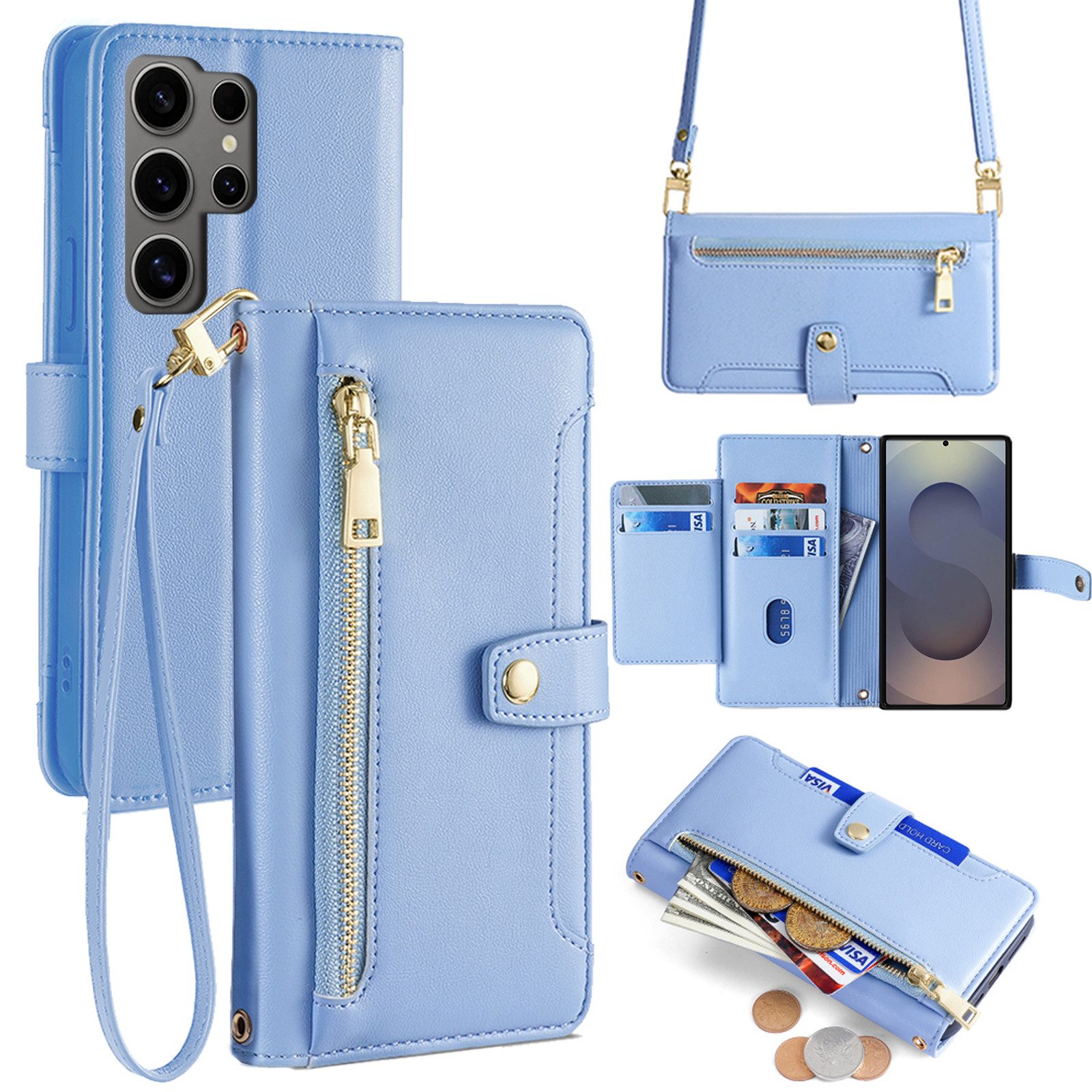 betterfon Handykette für Samsung Galaxy S25 Ultra mit Band Kartenfächer PU Leder Hellblau, Hände frei – mit Silikonhülle & Schnur für flexiblen Alltag