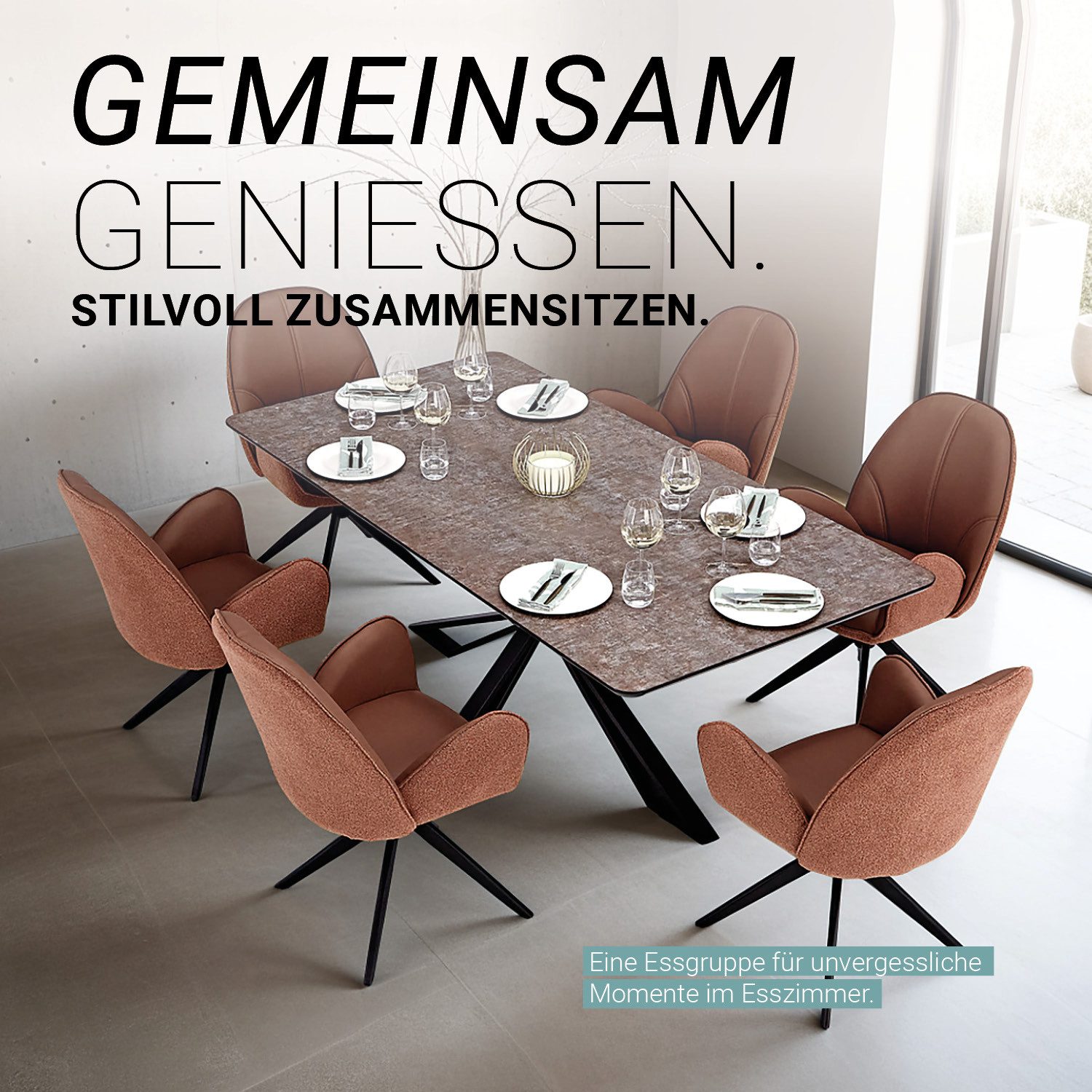 Homestyle4u Essgruppe Esstisch 200x100 Konferenztisch edel elegant vintage Sitzgruppe Sessel, (7-tlg), Bouclé
