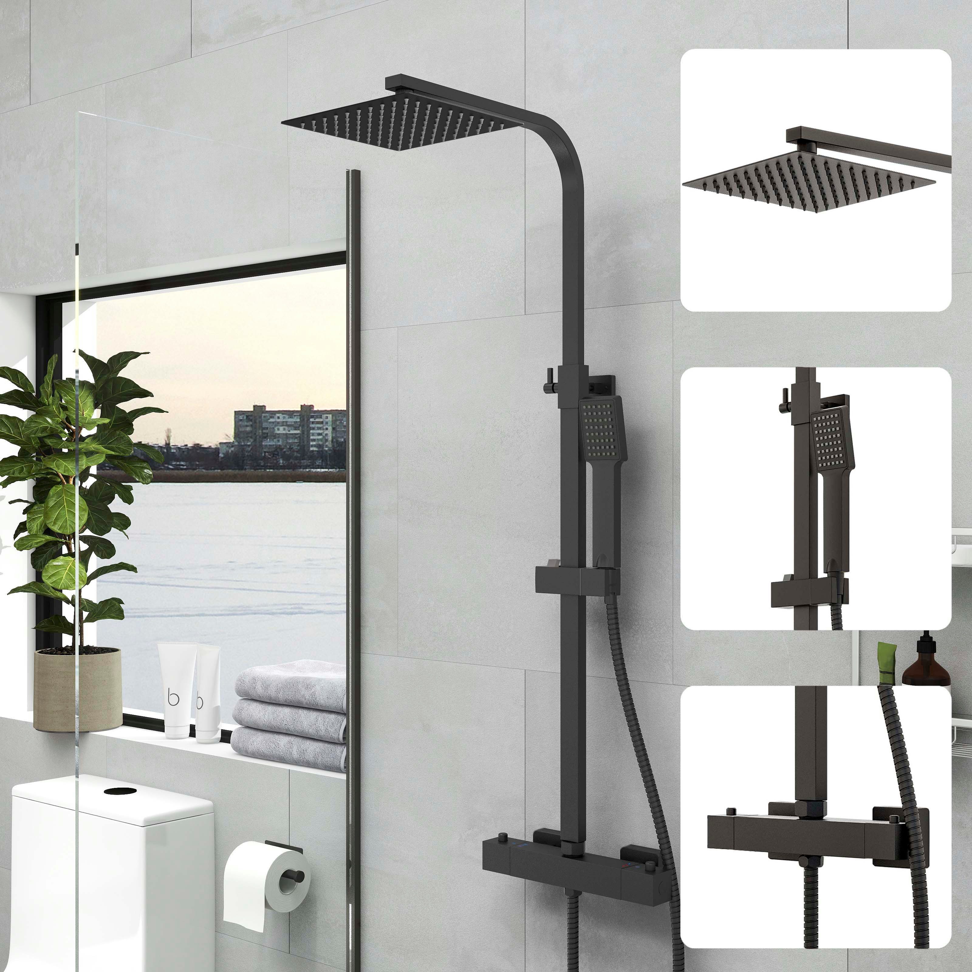 duschspa Duschsystem 20x20cm eckig Regenduschset mit Kopfbrause, 2 Strahlart(en), Wandmontage mit Thermostat Regendusche Chrom/Schwarz Quadratisch