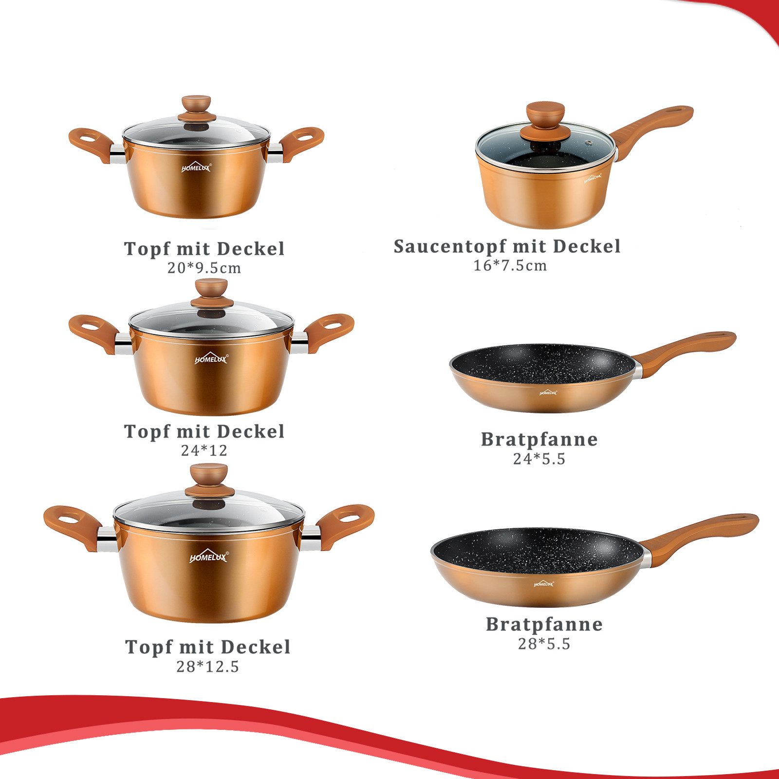 HOMELUX Topf-Set Induktions Töpfe Set Classic Antihaftbeschichtung Kochtopfset, Aluminium (Kochgeschirr-Set, 10-tlg., 3x Kochtopf, 2x Bratpfanne,1x Saucentopf,4x Glasdeckel), Induktionsgeeignet