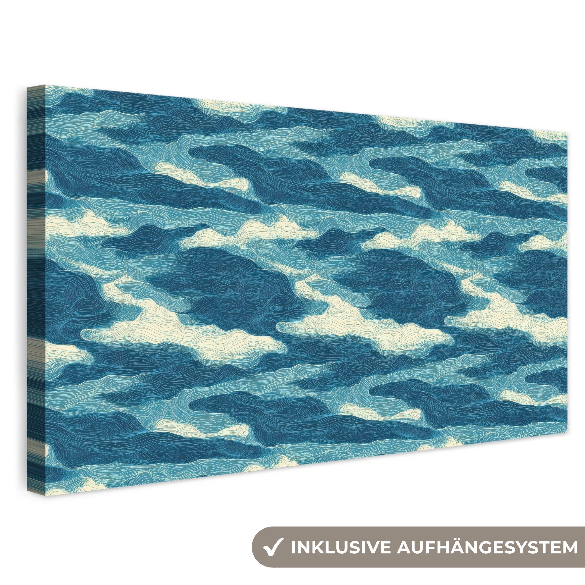 OneMillionCanvasses® Leinwandbild Panorama Wellen - Abstrakt - Muster - Blau - Weiß, Fotodruck (1 St), Wandbild, Deko Schlafzimmer Wohnzimmer Flur 40x20 cm