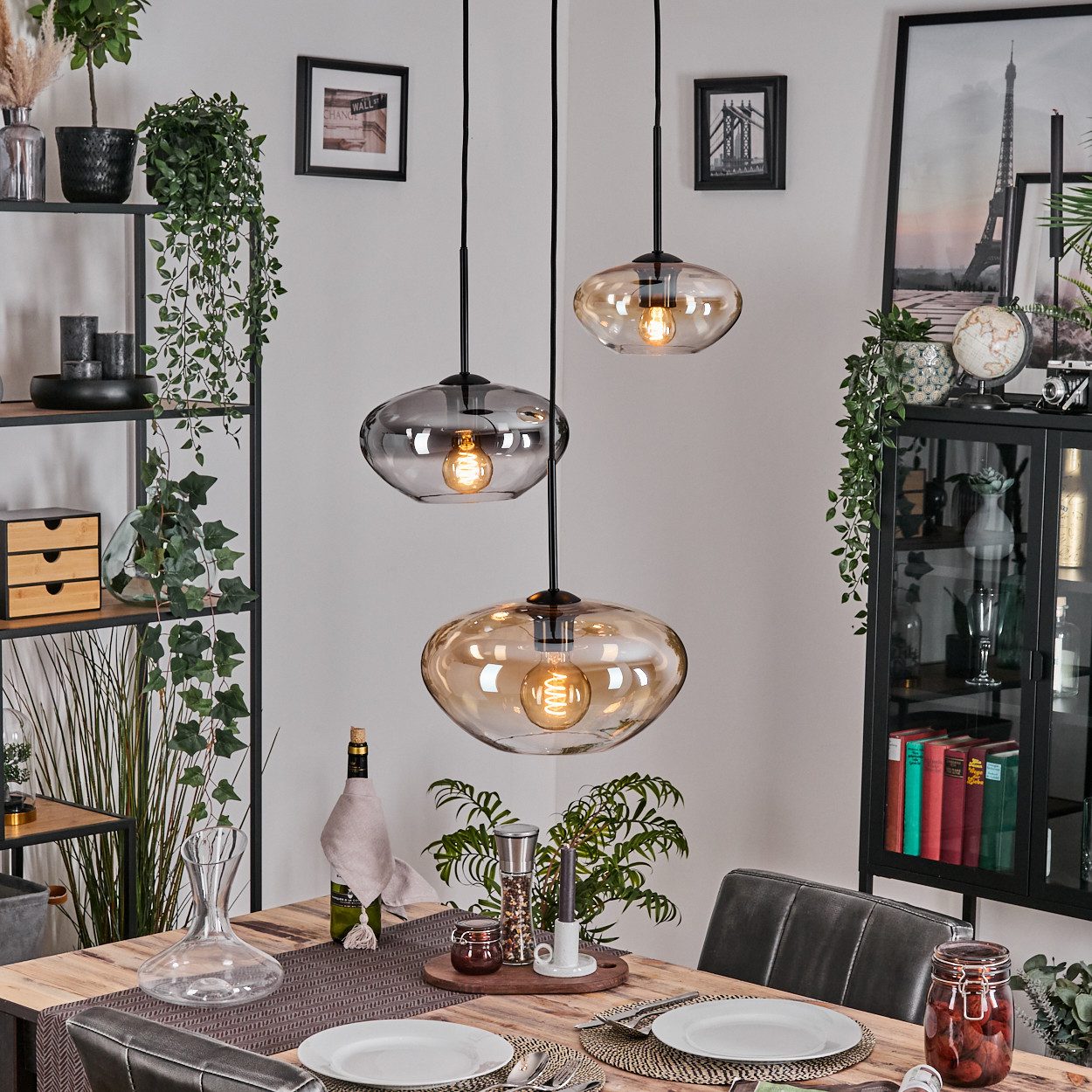 hofstein Hängeleuchte Hängelampe aus Metall/Glas in Schwarz/Bernstein/Klar/ günstig online kaufen