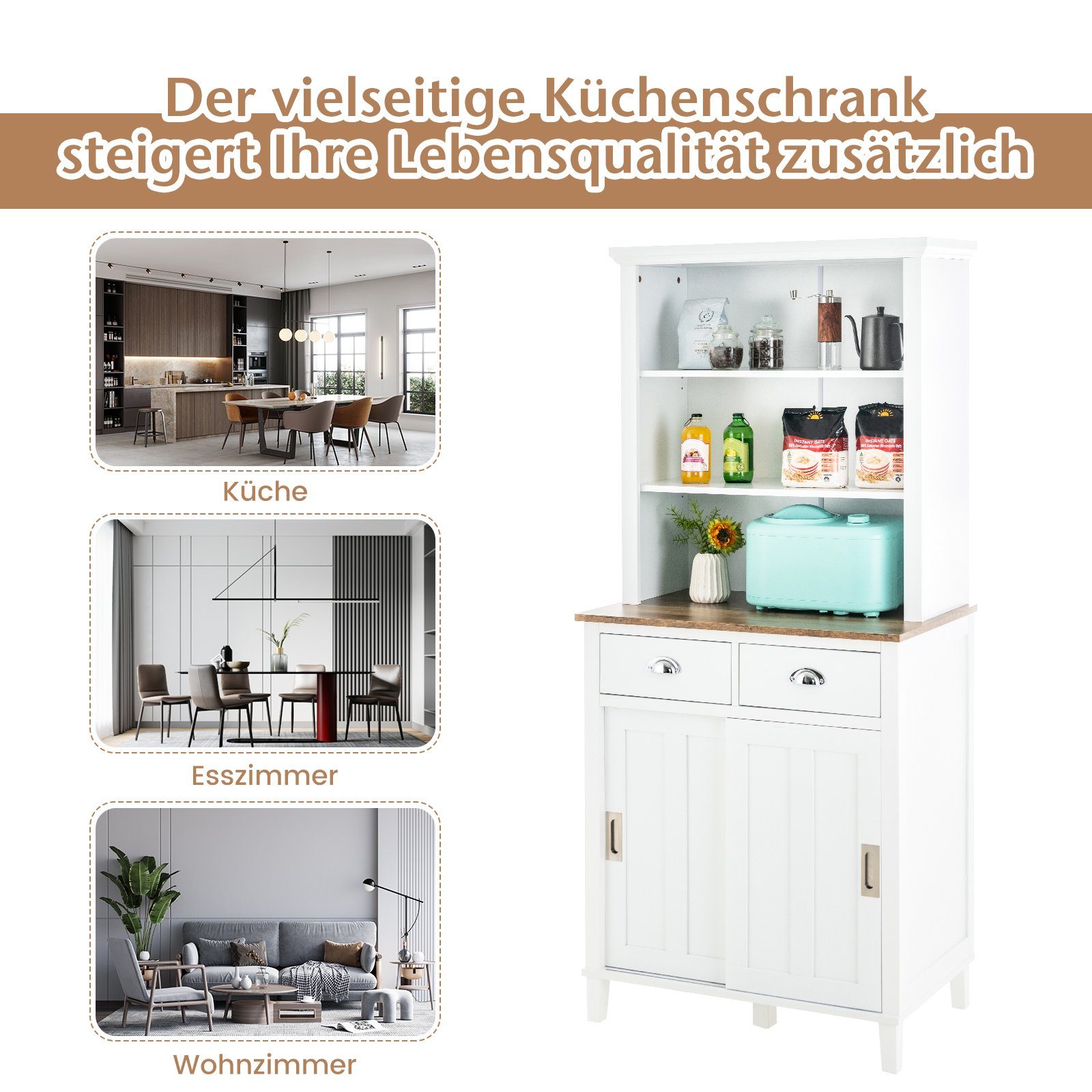 NJUN Küchenschrank Weiß - Buffetschrank 66x36x160cm Mit Verstellbaren Regalen