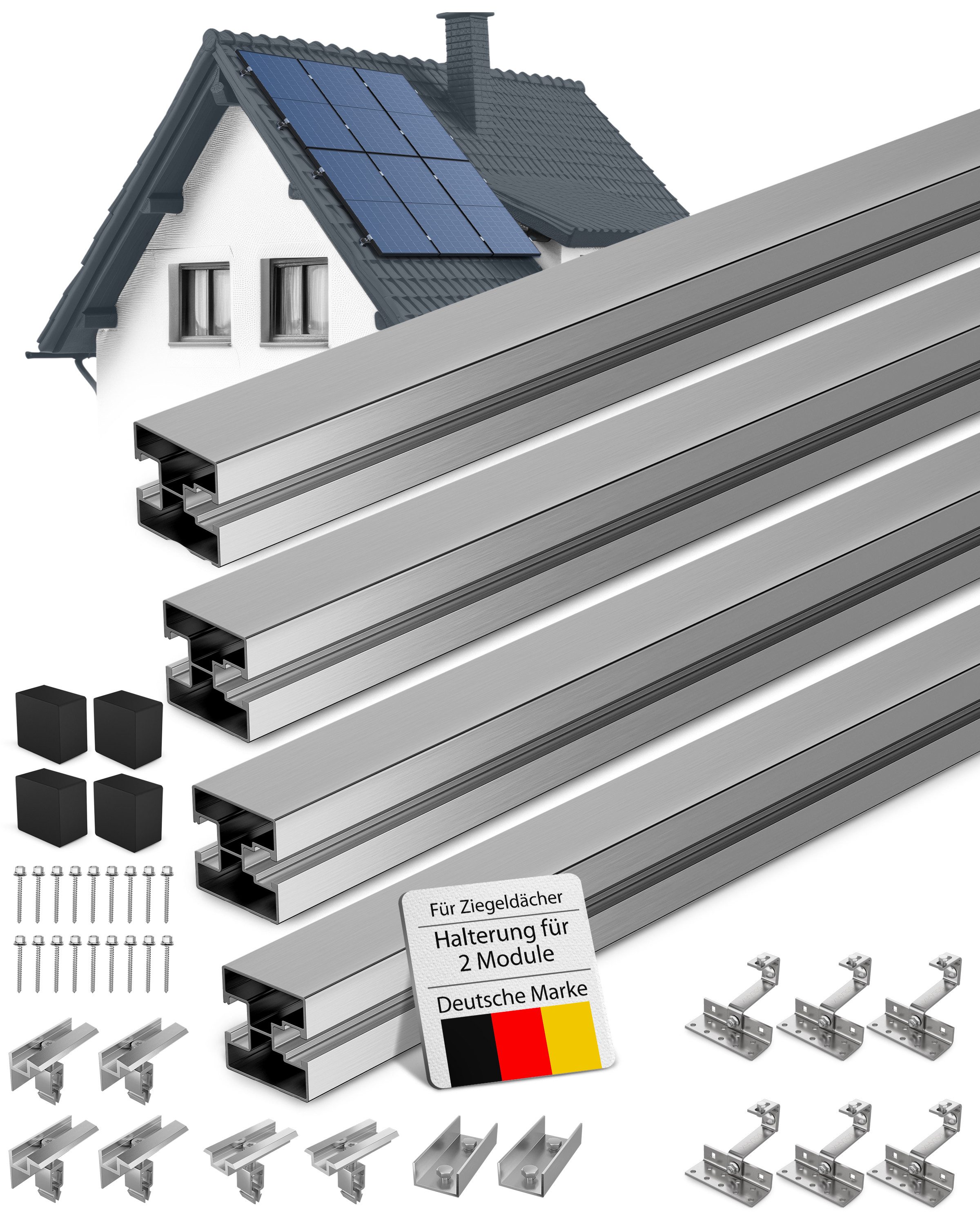 SOLAFIX Solarmodul-Halterung Ziegeldach - Dachmontage Komplett-Set für 2 Solarmodule 30–40 mm, (Solafix Ziegeldach-Solarhalterung mit EASY-CLICK für schnelle Montage, AL6005-T5 Aluminium & Edelstahl 1.4301, für 300–440 Wp, 30–40 mm)