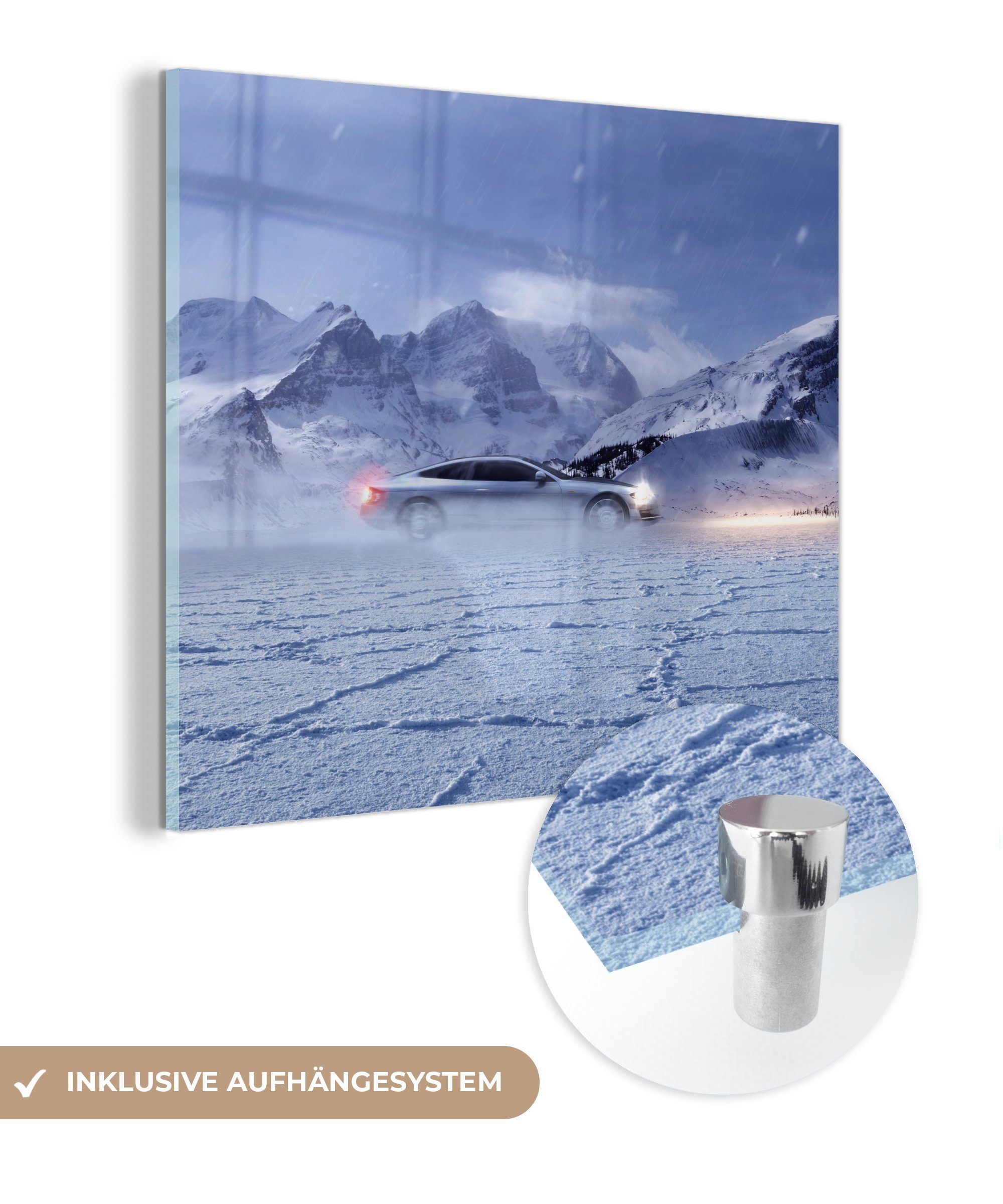 MuchoWow Acrylglasbild Luxusautofahren im Schnee, (1 St), Glasbilder - Bilder auf Glas Wandbild - Foto auf Glas - Wanddekoration