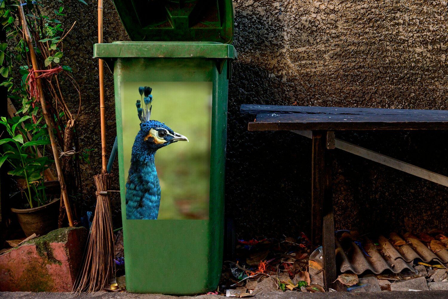 - - Porträt Blau MuchoWow Container, (1 Pfau St), Mülleimer-aufkleber, Mülltonne, Sticker, Abfalbehälter Wandsticker