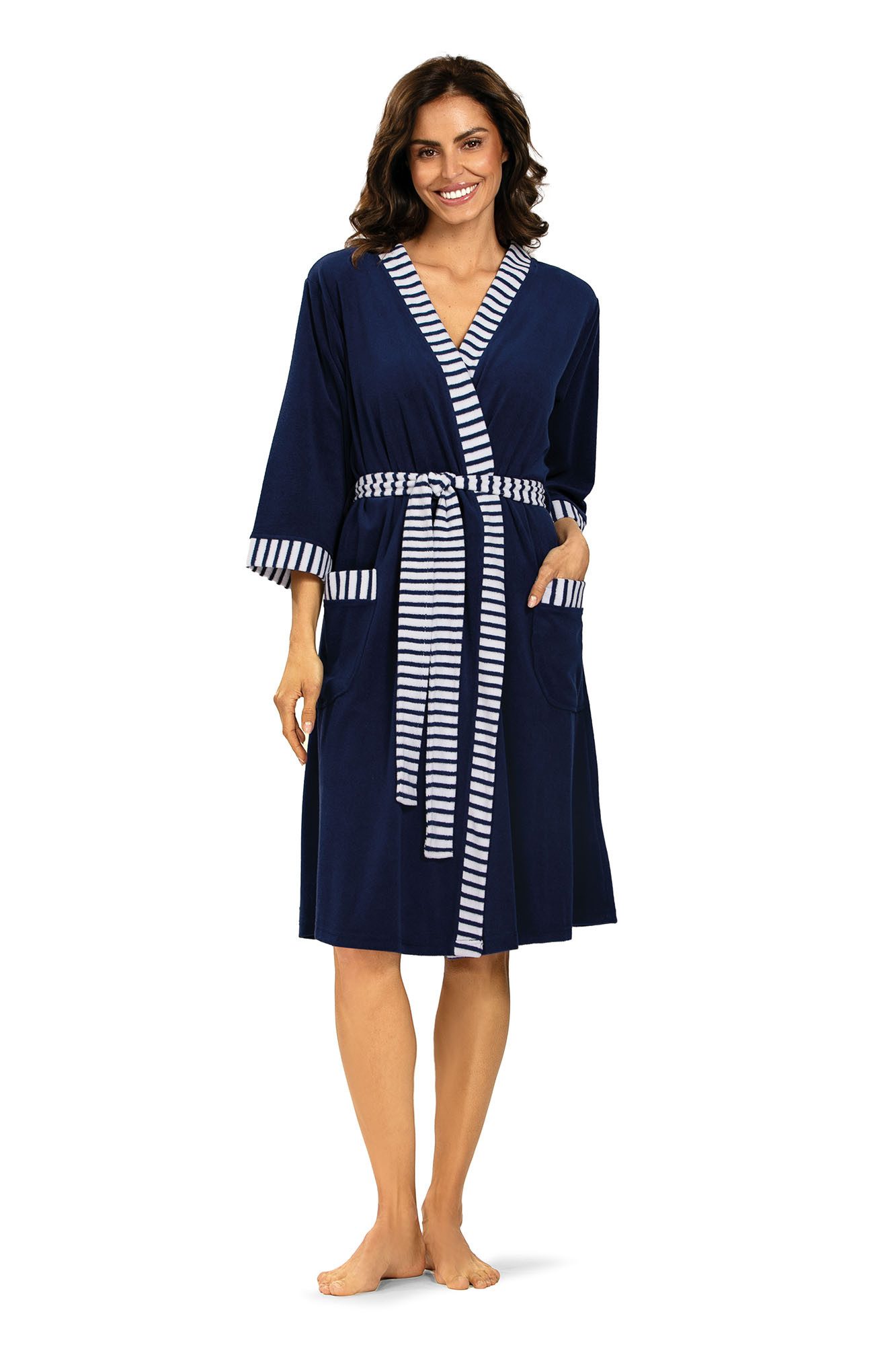 comtessa Morgenmantel Comtessa Damen Frottee Morgenmantel Indigo Weiß, Stretch-Frottier, Bindegürtel, praktischer und pflegeleichter Morgenmantel