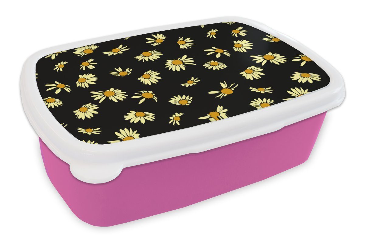 MuchoWow Lunchbox Gänseblümchen - Schwarz - Muster, Kunststoff, (2-tlg), Brotbox für Erwachsene, Brotdose Kinder, Snackbox, Mädchen, Kunststoff rosa