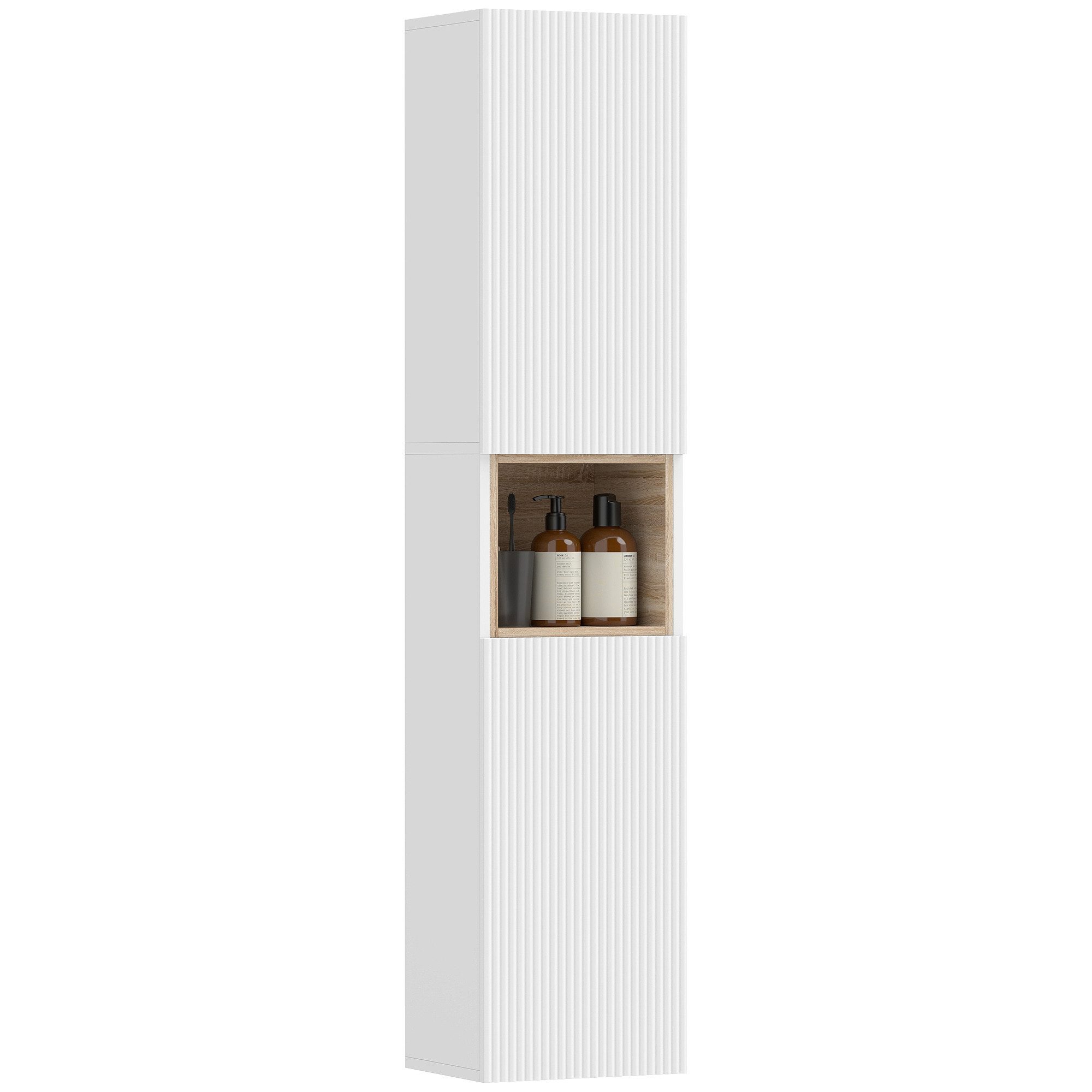 HOMCOM Badkommode schmaler Badschrank mit 2 geriffelten Soft-Close-Türen, offenem Regal (Set, 1 St., 1 Badezimmerschrank), Schmal, Soft-Close, FSC-zertifiziert