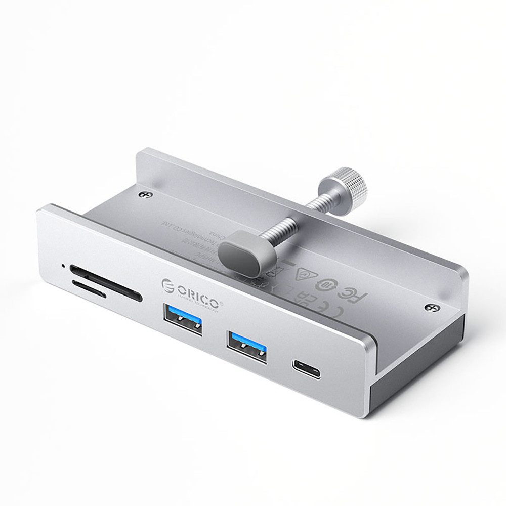 ORICO USB-Verteiler Kartenleser Klemmhalterung HUB (5-in-1, USB-C, 10 Gbit/s, SD-Kartenleser, Klemmmontage, Aluminium)