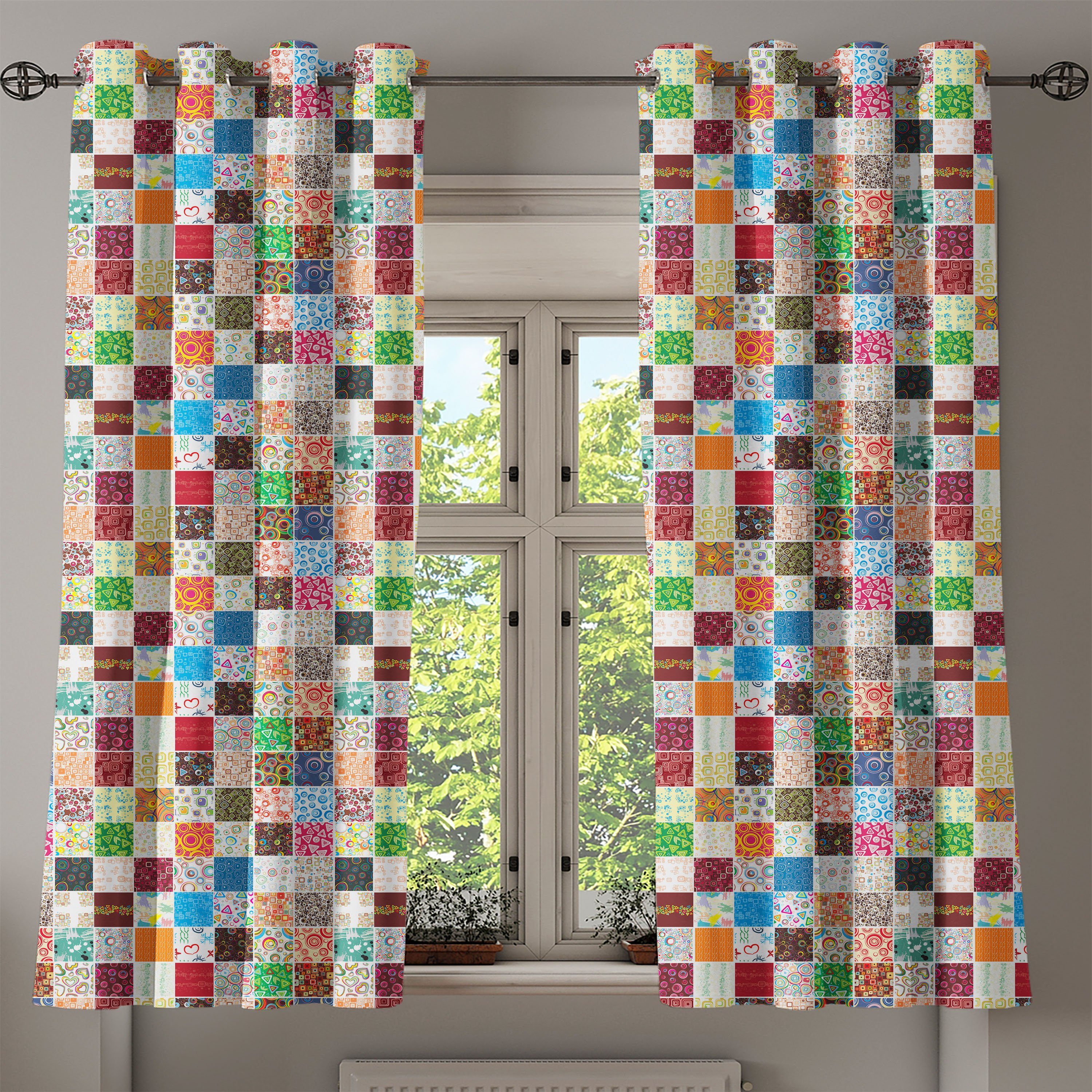Gardine Dekorative 2-Panel-Fenstervorhänge Wohnzimmer, Bunt Patchwork Schlafzimmer Retro für Abakuhaus, Style