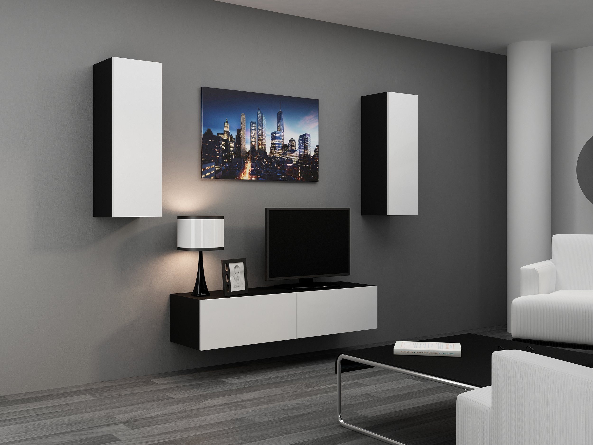 Stylefy Wohnwand Vago VII, (Set (3-St), Wohnmöbel, Wohnzimmer-Set), bestehend aus 1xLowboard und 2xHängeschrank, Hochglanzfronten, mit Push-to-Open, Modern Design Schwarz/Weiß