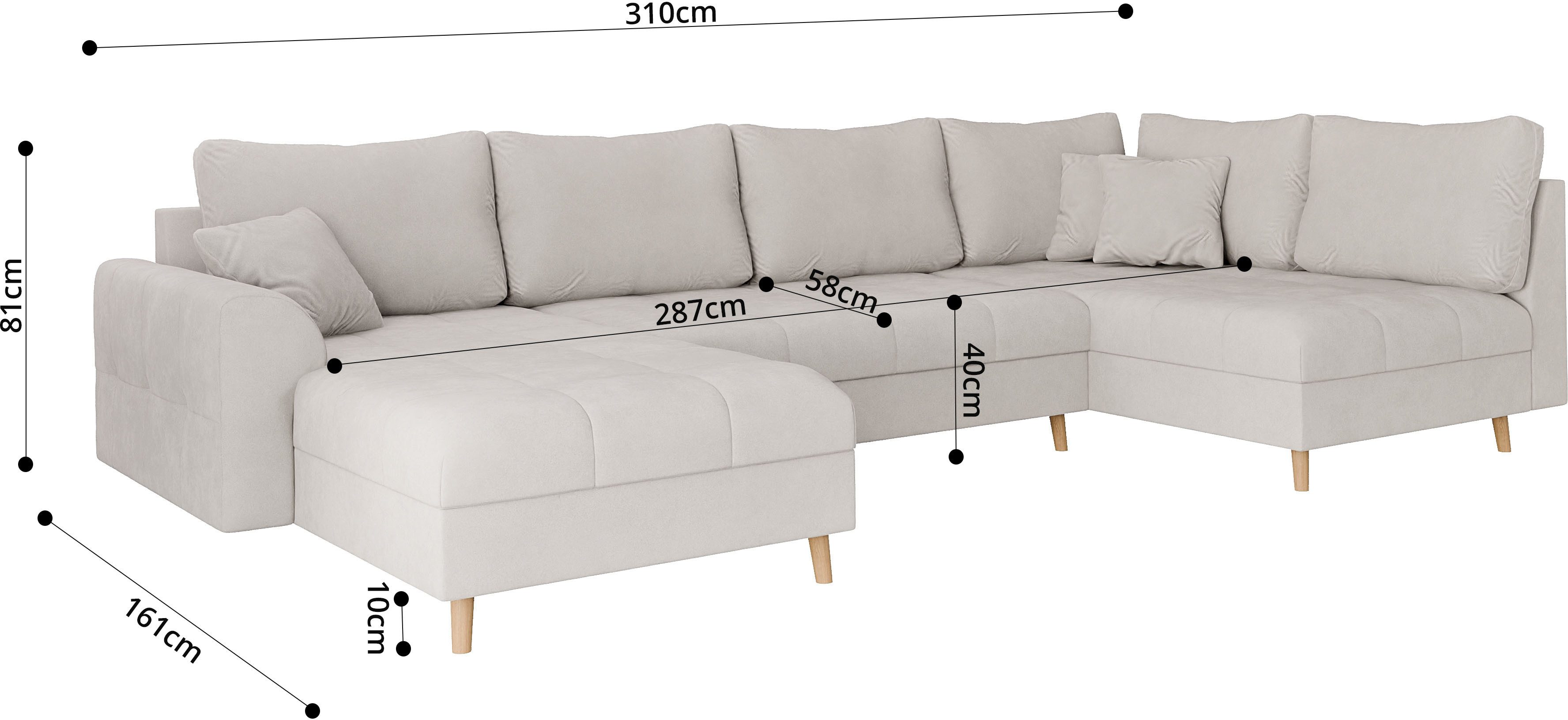 Home affaire Wohnlandschaft CHARRE U-Form mit Ottomane, Maße B/T/H: 310/161/81 cm, feine Steppung, lose Rücken- und Zierkissen, auch in Cord und Bouclé