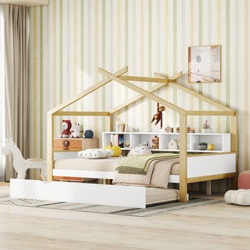 OKWISH Kinderbett Hausbett, ausgestattet mit Ausziehbett, vier Staufächern (140*200cm), ohne Matratze