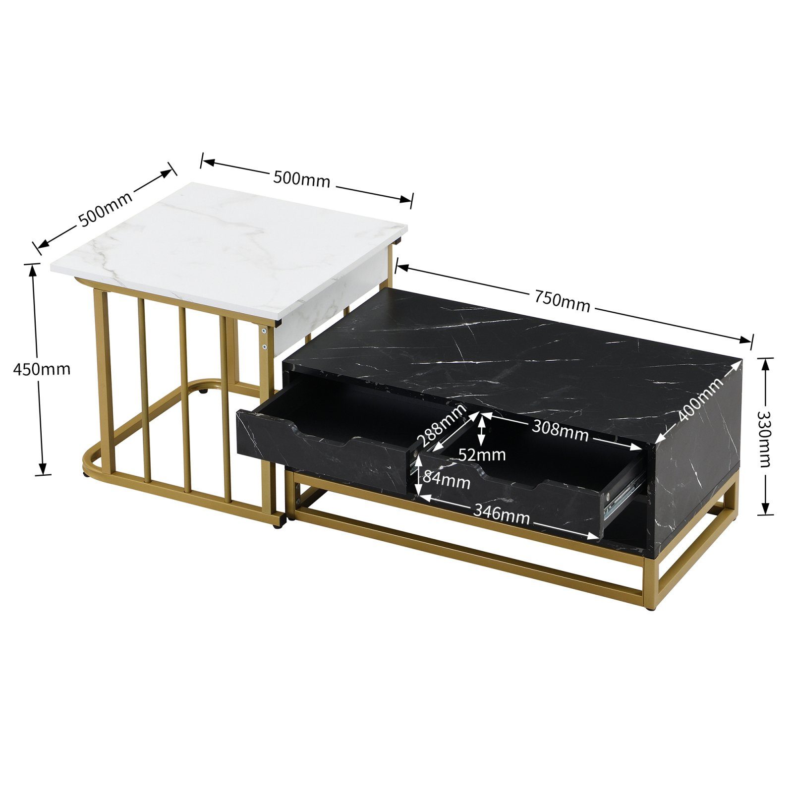 Kaffeetisch-Set cm 2er x x SEEZSSA & &Schublade, Wohnzimmertisch mit 40 quadratisch x Stilvolle Couchtisch (Beistelltisch x 33 50 + cm), Oberfläche 45 rechteckig 50 Metallgestell 75 Set, Couchtisch