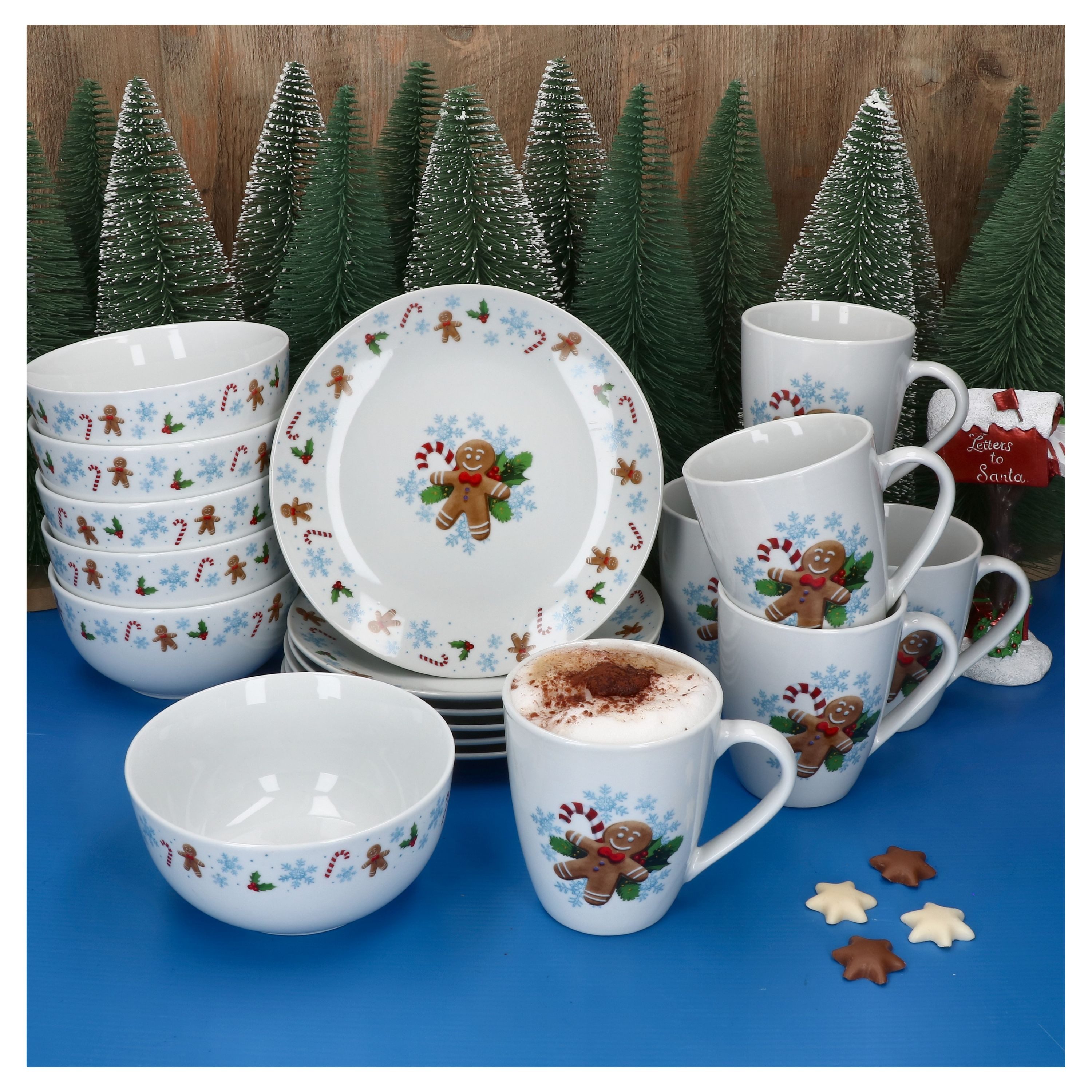 MamboCat Frühstücks-Geschirrset 18tlg. Frühstücksset Candyman 6 Personen Becher Teller Schalen, Porzellan, Weihnachtsgeschirr, Winter, Weihnachtsset, Geschirr, Advent