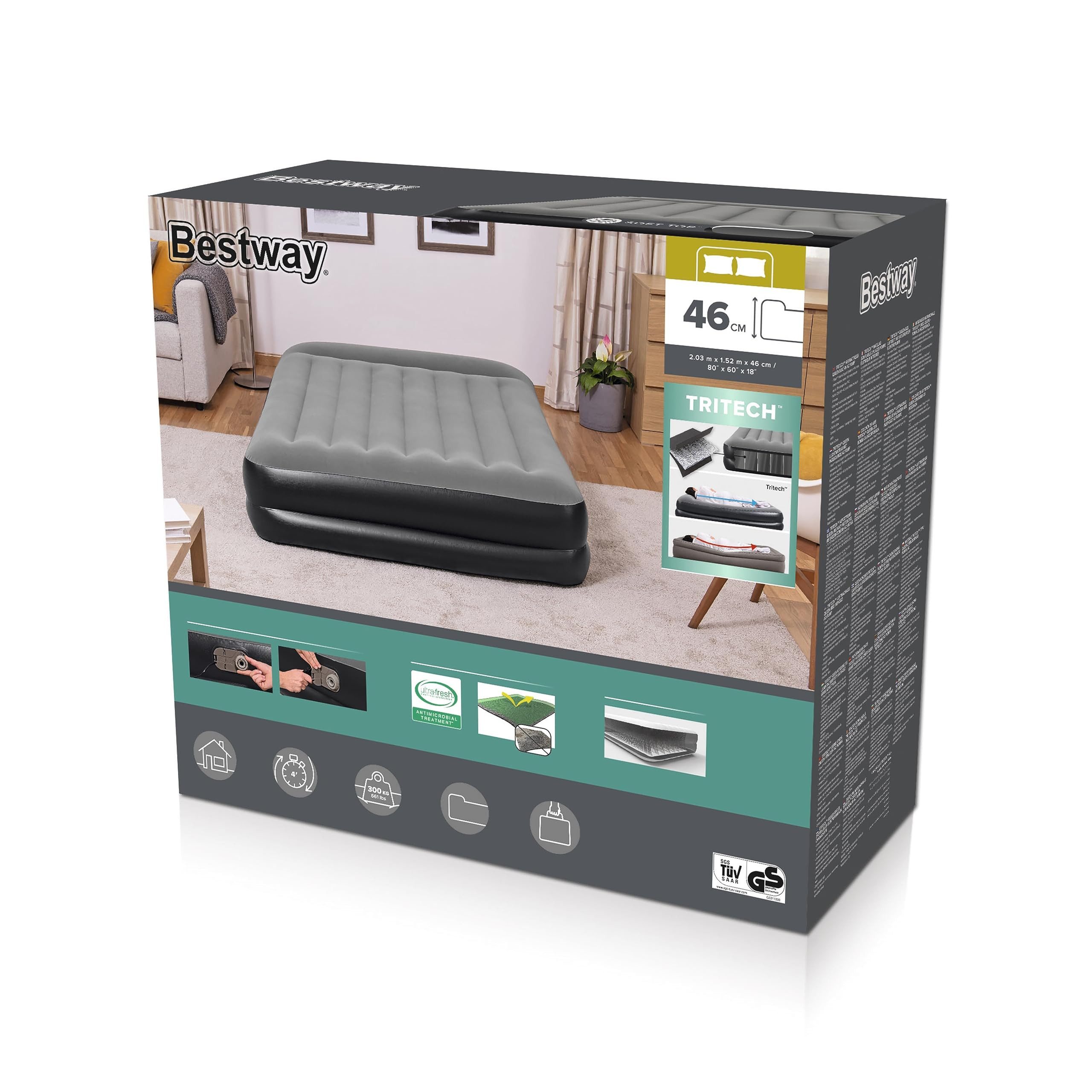 Bestway Luftbett Luftbett Tritech 203x152x46 cm mit integrierter Elektropumpe, Flocked Oberfläche, inklusive Tasche, Queen Size