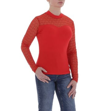 Ital-Design Langarmbluse Damen Elegant Glitzer Transparent Top & Shirt in Rot
