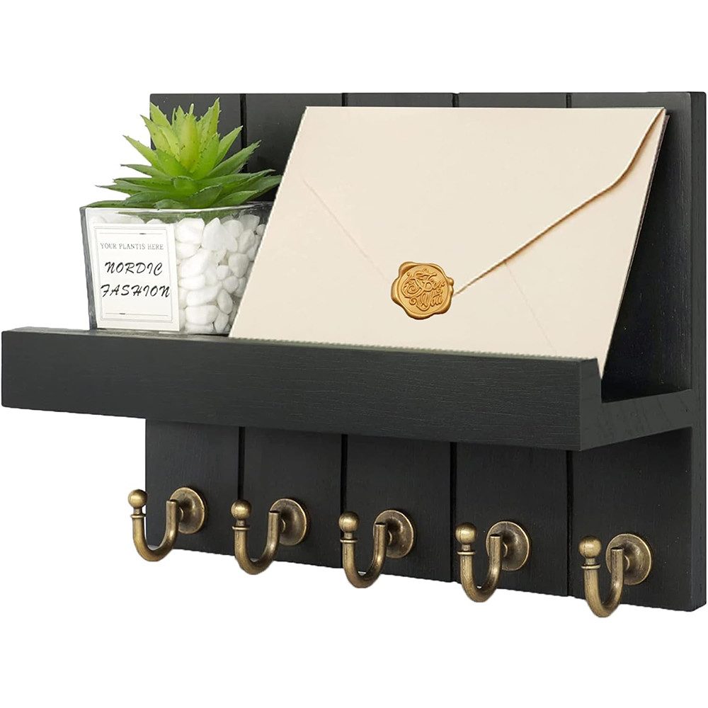 TUWENA Schlüsselbrett Schlüsselbrett mit Ablage, Dekoratives Holz Wandregal, mit 5 Haken, Wand Schlüsselboard für Eingangsbereich, Flur, Küche, Schlafzimmer