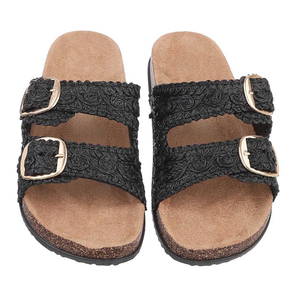 Ital-Design Stylische Damen Sandalen mit Doppelschnalle für den Sommer Pantolette (89852759) Flach Pantoletten in Schwarz