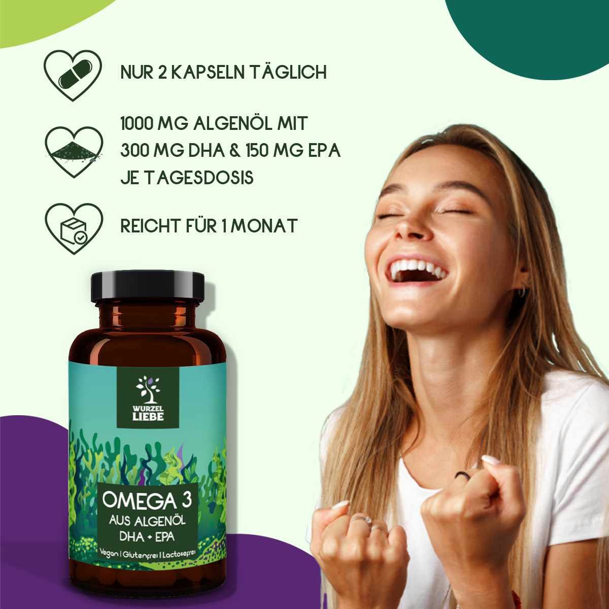 WURZELLIEBE Omega 3 Vegan aus Algenöl - DHA + EPA Kapseln, 60 St., 41,4 g
