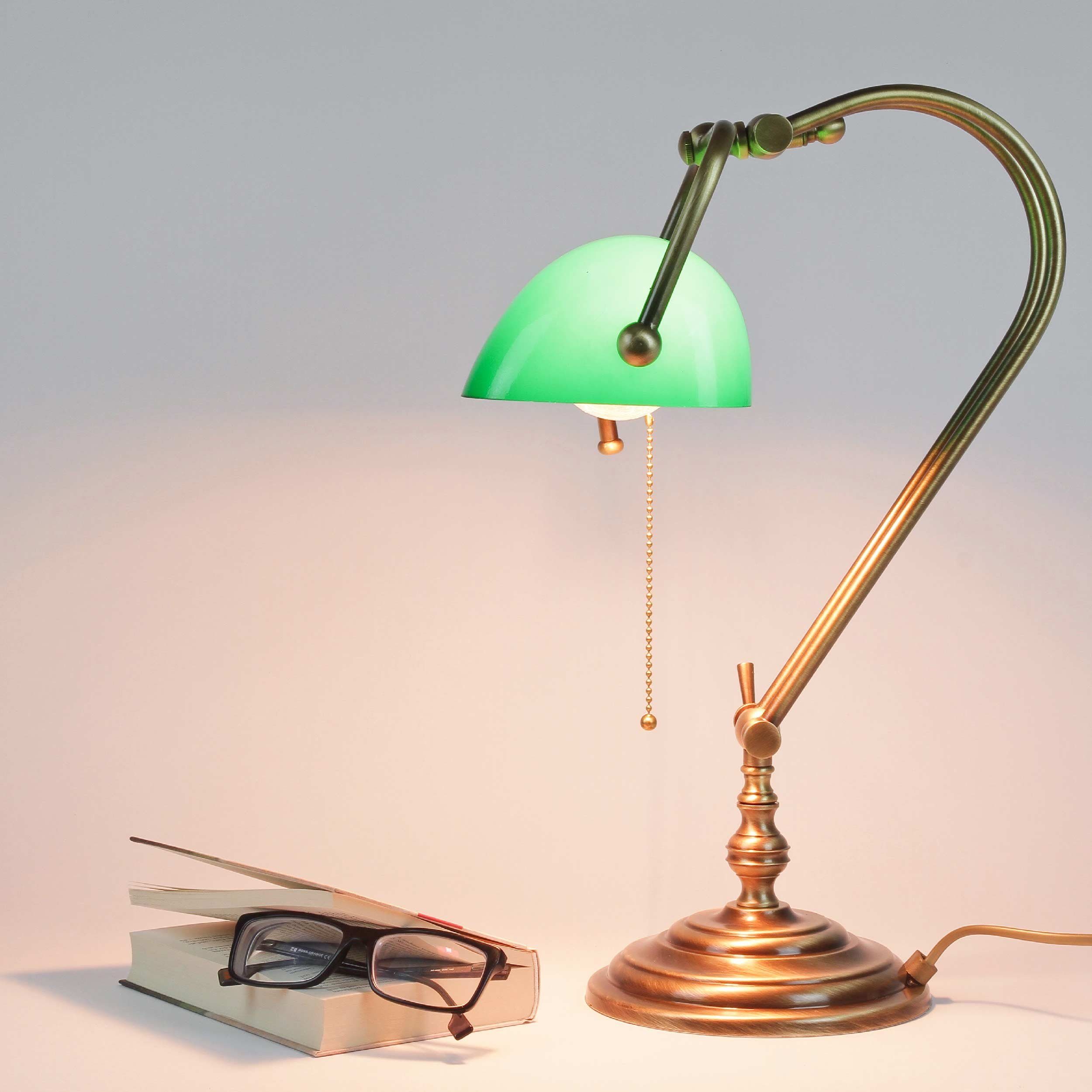 Echt-Messing Designer Bankerlampe Grün Premium Leuchtmittel, Tischlampe E27 MINISTERO, Schreibtischlampe ohne Licht-Erlebnisse Glas LAMPADE
