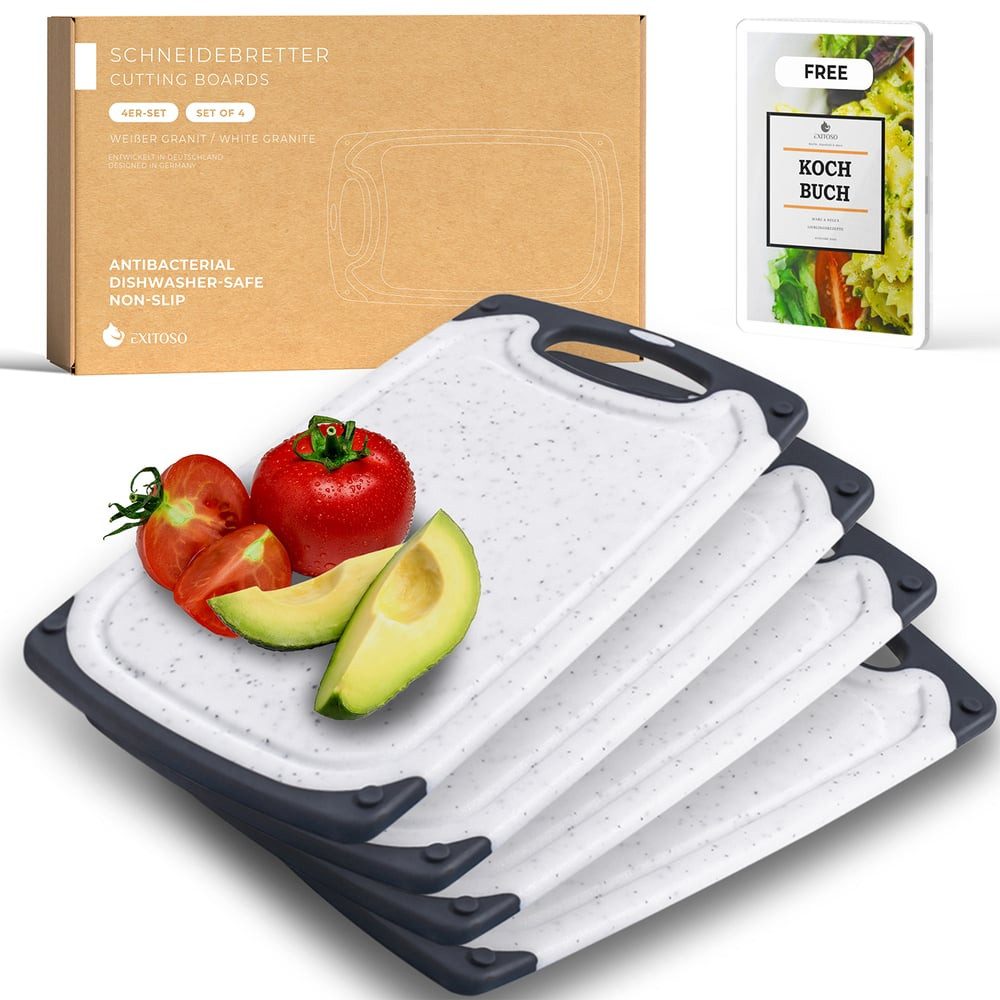 Exitoso Schneidebrett 4er-Set spülmaschinenfest mit Saftrille, Kunststoff, (4-St), Brotzeitbrett Frühstücksbrettchen Brot Obst Steak rutschfest