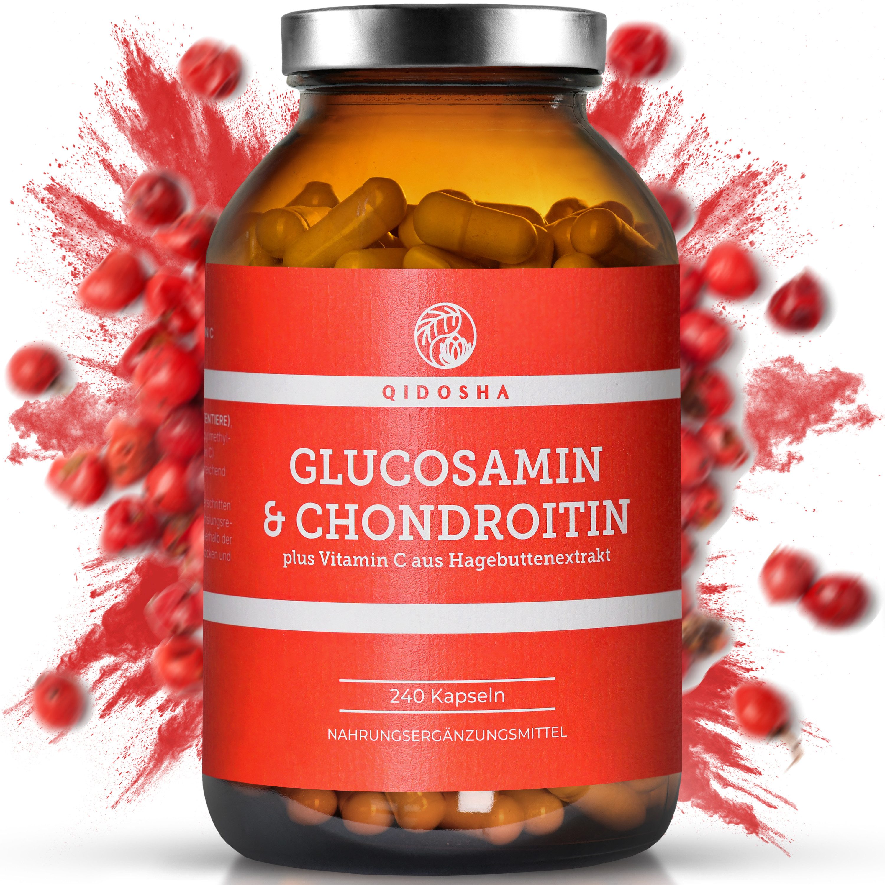 QIDOSHA Glucosamin Chondroitin Kapseln + Vitamin C für starke Gelenke Hartkapsel, 1 er 1er Pack für 80 Tage tägliche Gelenkunterstützung à 240 St., 265 g, Knorpel & Gelenk Support mit Glucosamin, Chondroitin & Hagebutten