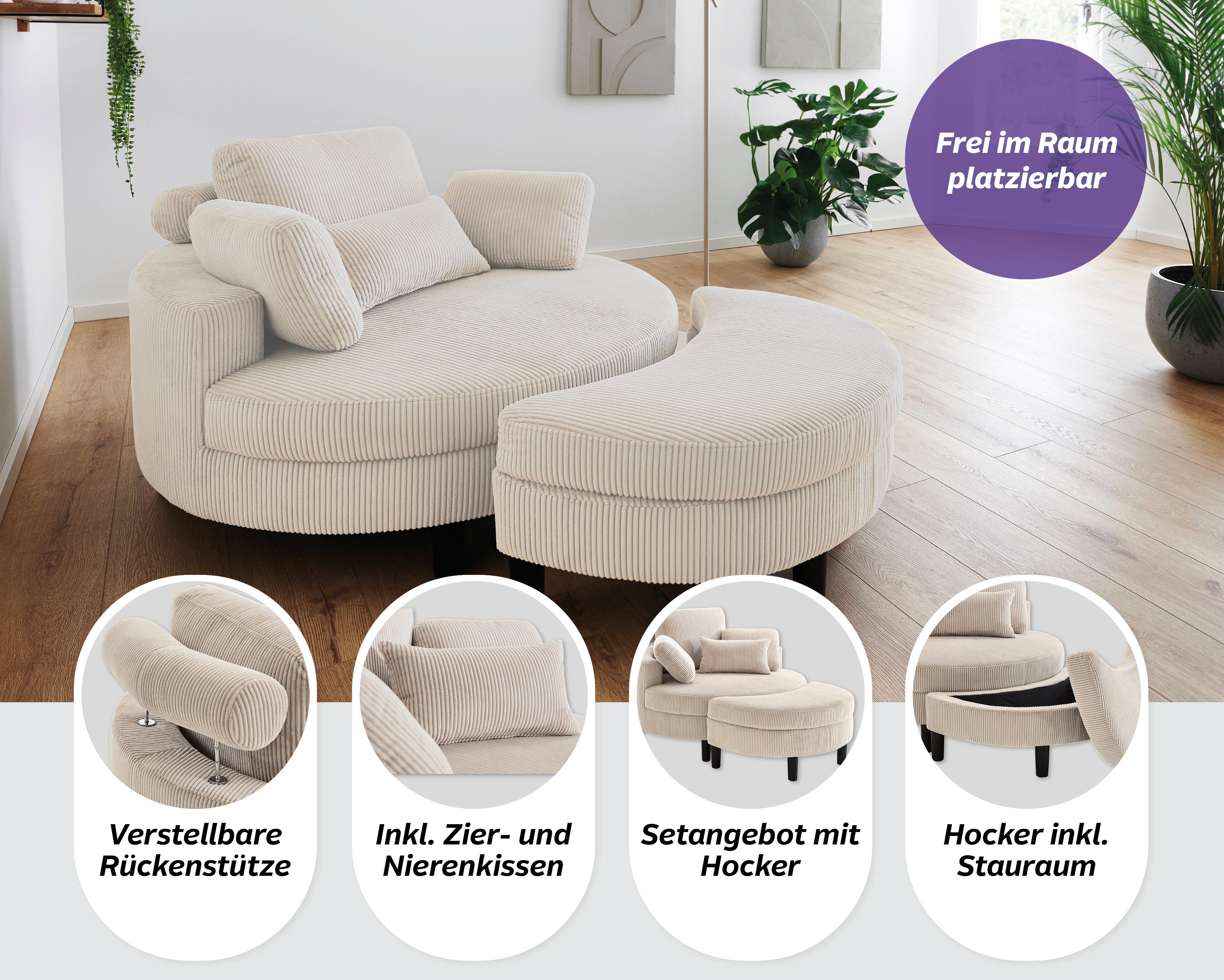 ATLANTIC home collection Loveseat Ravi Sessel, B: 114 cm, Sitzhöhe: 42 cm, XXL- Sessel, mit Stauraumhocker, Rückenstütze & 4 Zierkissen