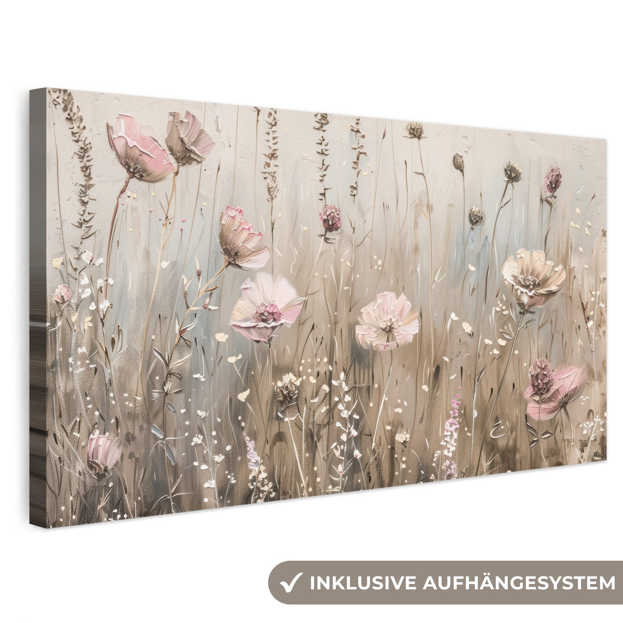 OneMillionCanvasses® Leinwandbild Panorama Blumen - Rosa - Modern - Beige, Fotodruck (1 St), Wandbild XXL für Wohnzimmer Küche 100x50 cm
