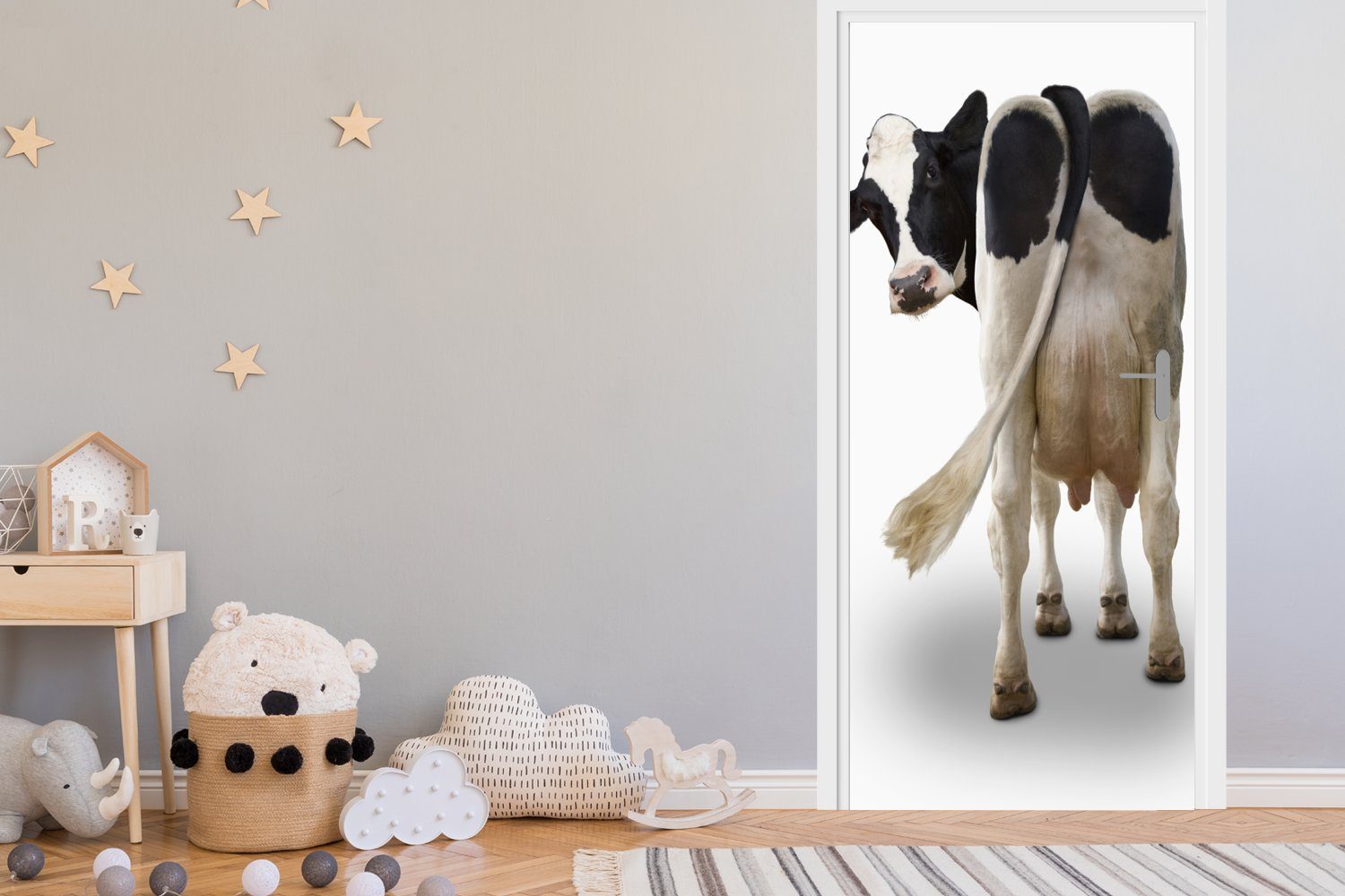 Fototapete hinten Türtapete Kamera von MuchoWow Matt, für die St), (1 Kuh bedruckt, 75x205 auf schaut Tür, Hintergrund, Türaufkleber, in weißem cm