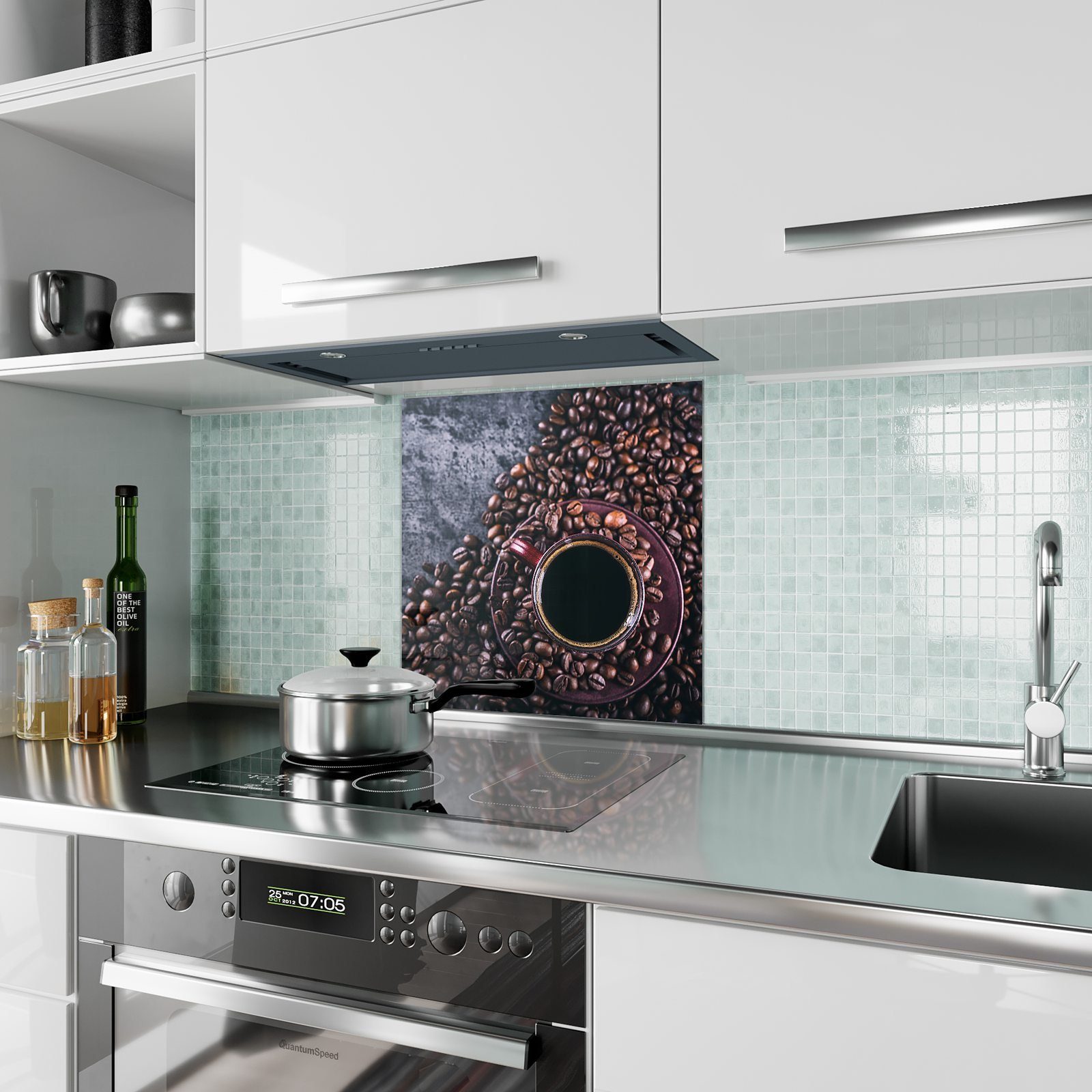 Primedeco Küchenrückwand Küchenrückwand Spritzschutz Glas mit Stein Motiv auf Kaffeebohnen