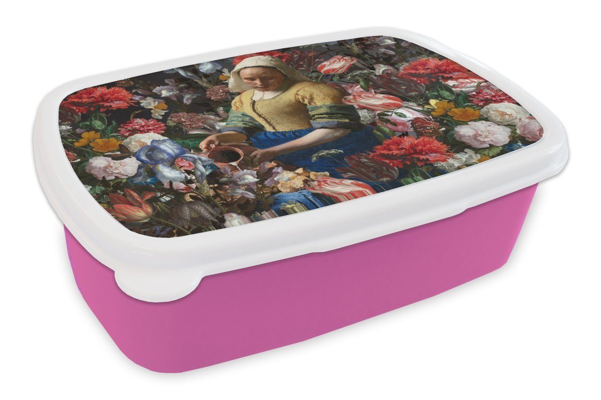 MuchoWow Lunchbox Snackbox, für Kunststoff, Milchmädchen - Erwachsene, rosa Johannes Farben, (2-tlg), Mädchen, Kunststoff - Vermeer - Kinder, Blumen Brotdose Brotbox