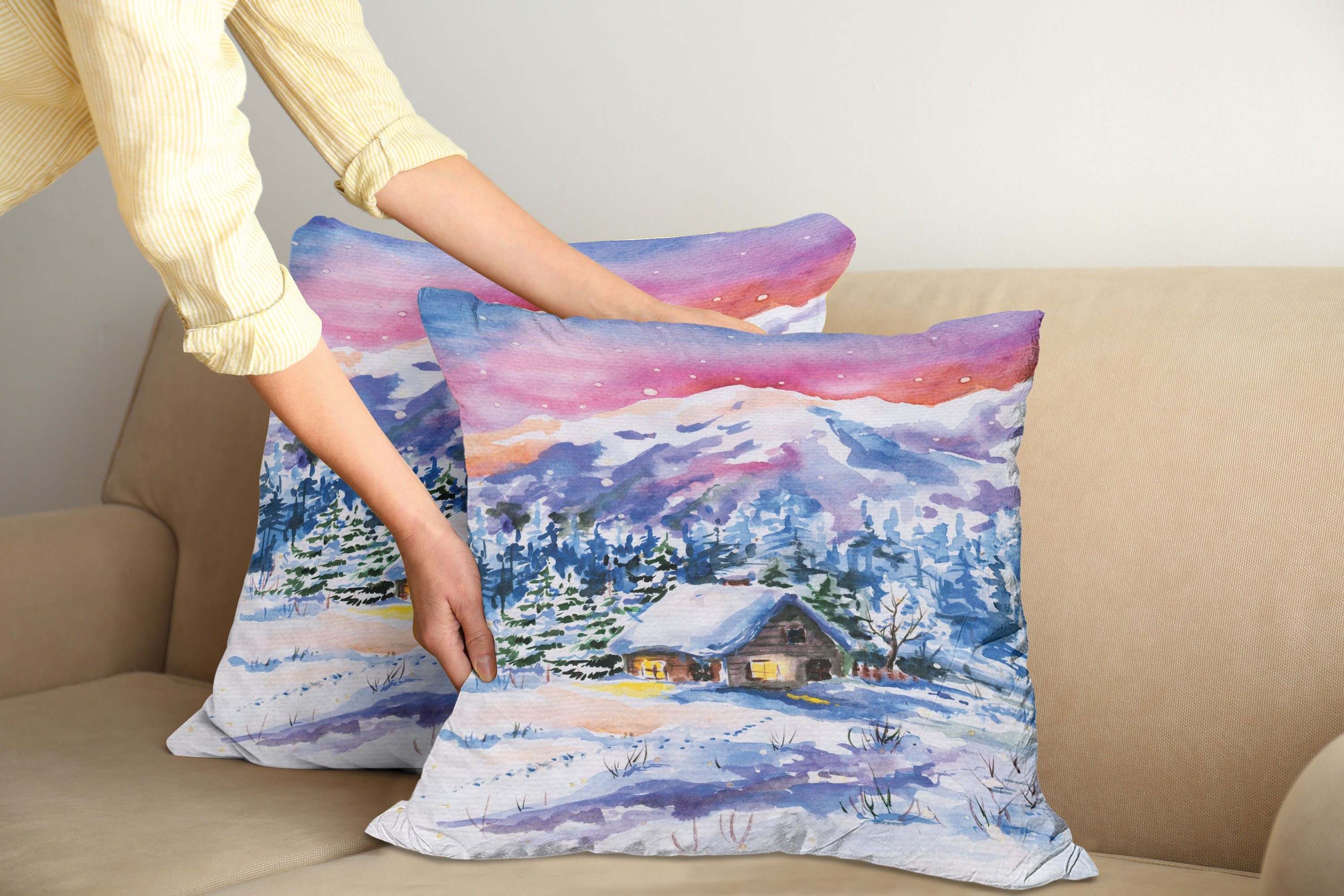 Winter von Doppelseitiger Stück), Malerei Digitaldruck, (2 Snowy-Landschaft Kissenbezüge Accent Modern Abakuhaus