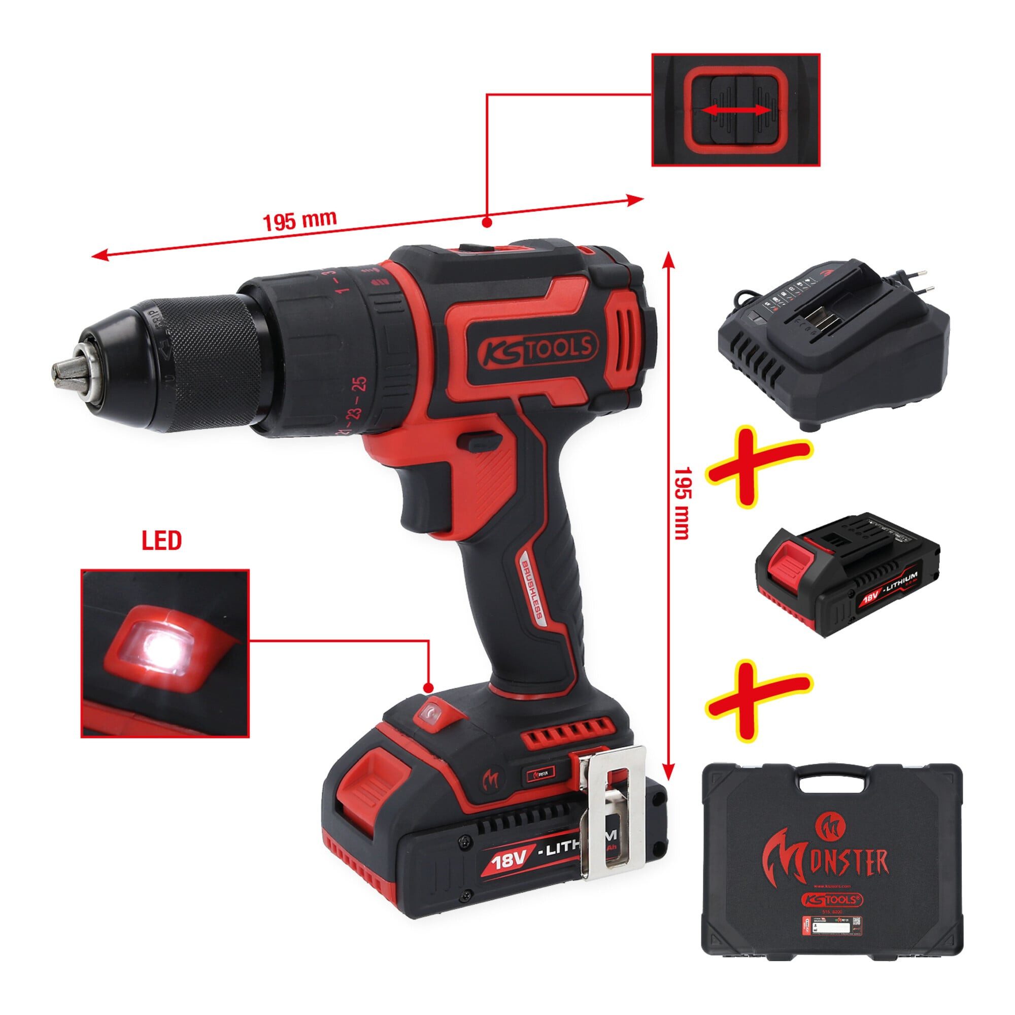 KS Tools Bohrschrauber KS Tools eMONSTER Brushless-Akku-Schlag-Bohr-Schrauber-Satz, 4-tlg