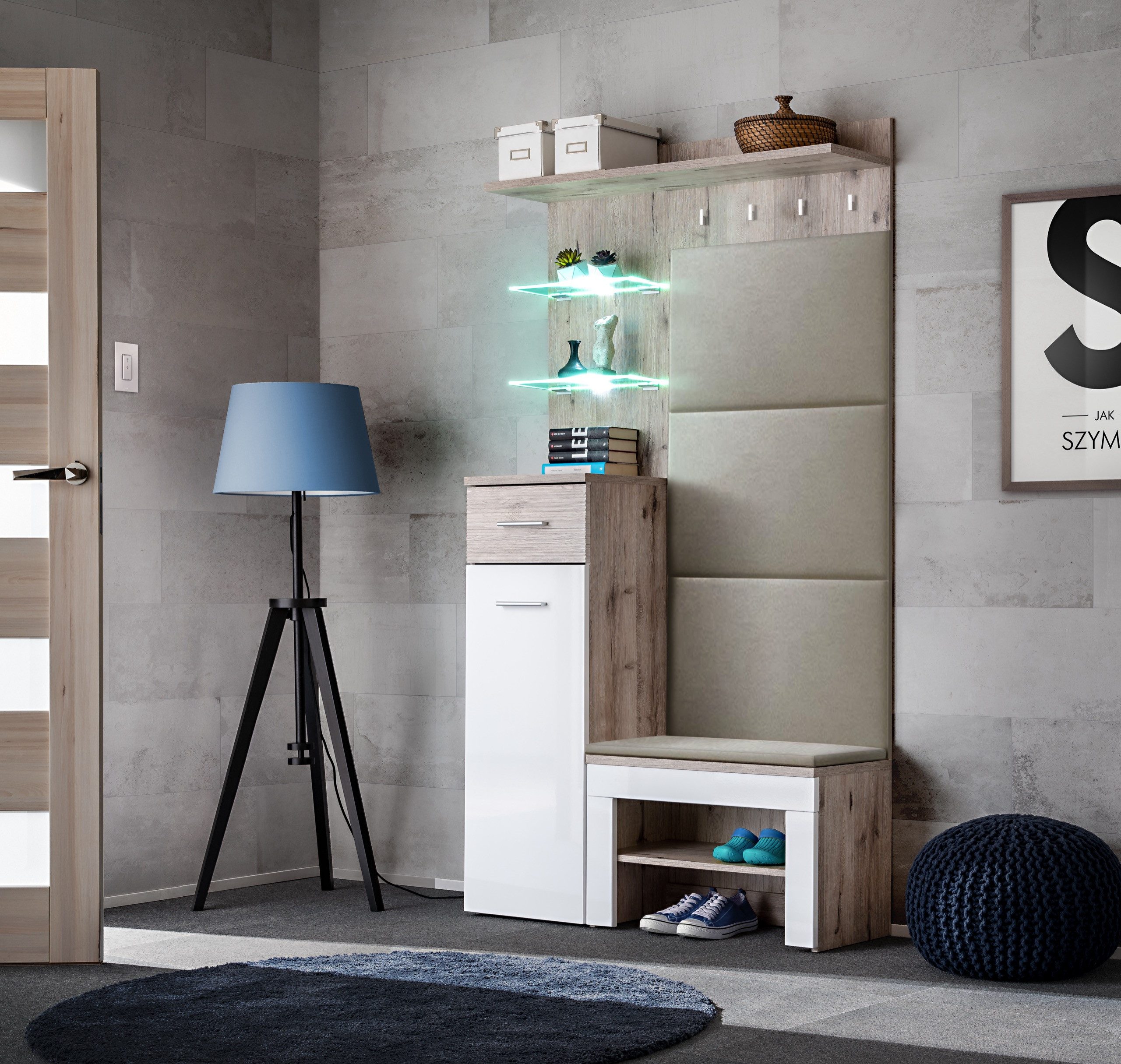 Garderoben-Set Flurgarderobe GUSTAVO VI mit Led Beleuchtung Hochglanz Polsterung