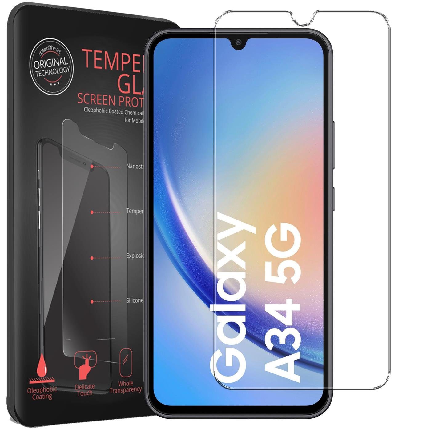 CoolGadget Schutzfolie Panzerfolie für Samsung Galaxy A34 5G, (9H Härtegrad, 2x Schutzglas, 1xReinigungset), Displayfolie Panzer Schutzfolie 2 Stück für Samsung A34 5G Glas Folie