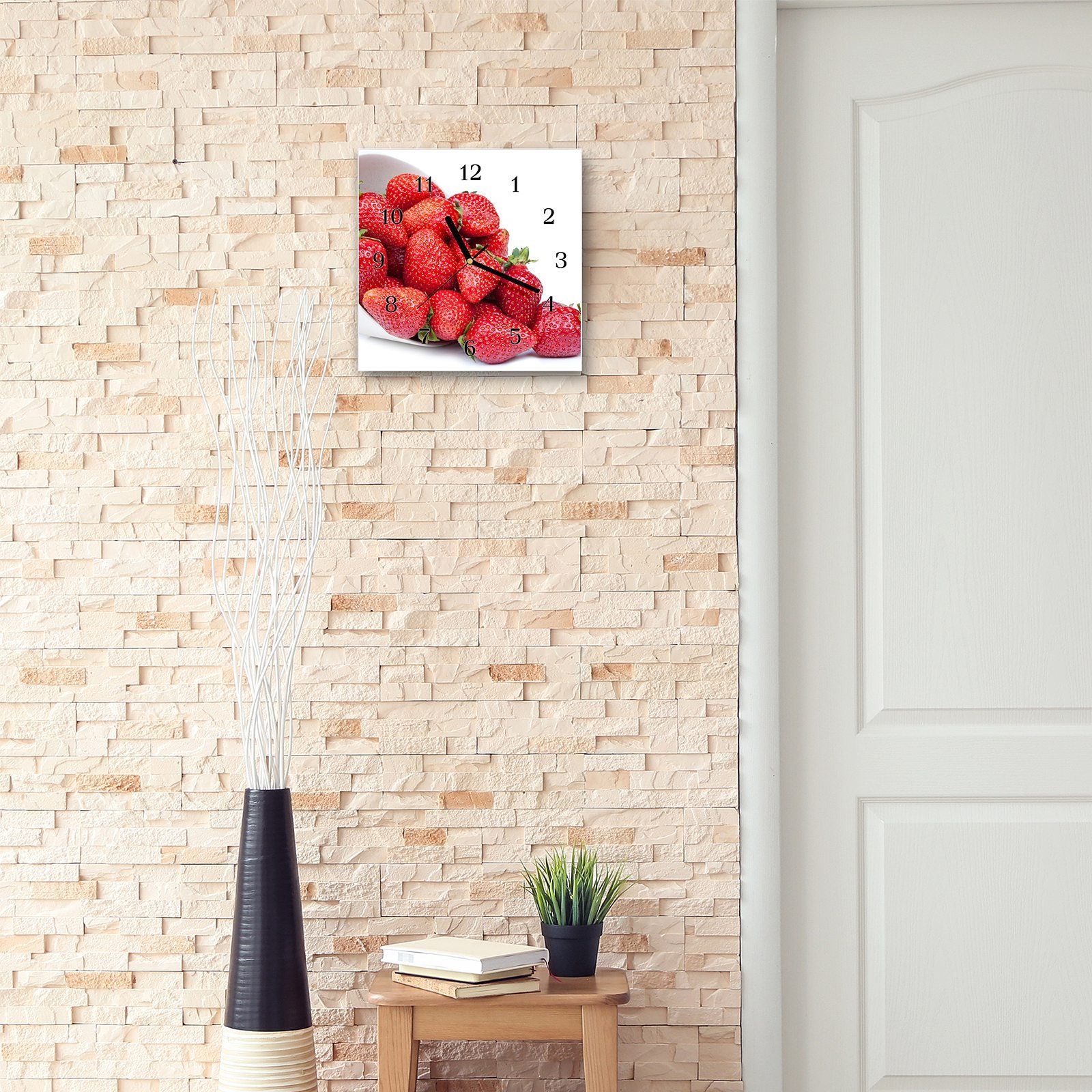 Wandkunst 30 Motiv Wanduhr Größe mit Primedeco x Erdbeeren 30 in Glasuhr cm Wanduhr Schüssel